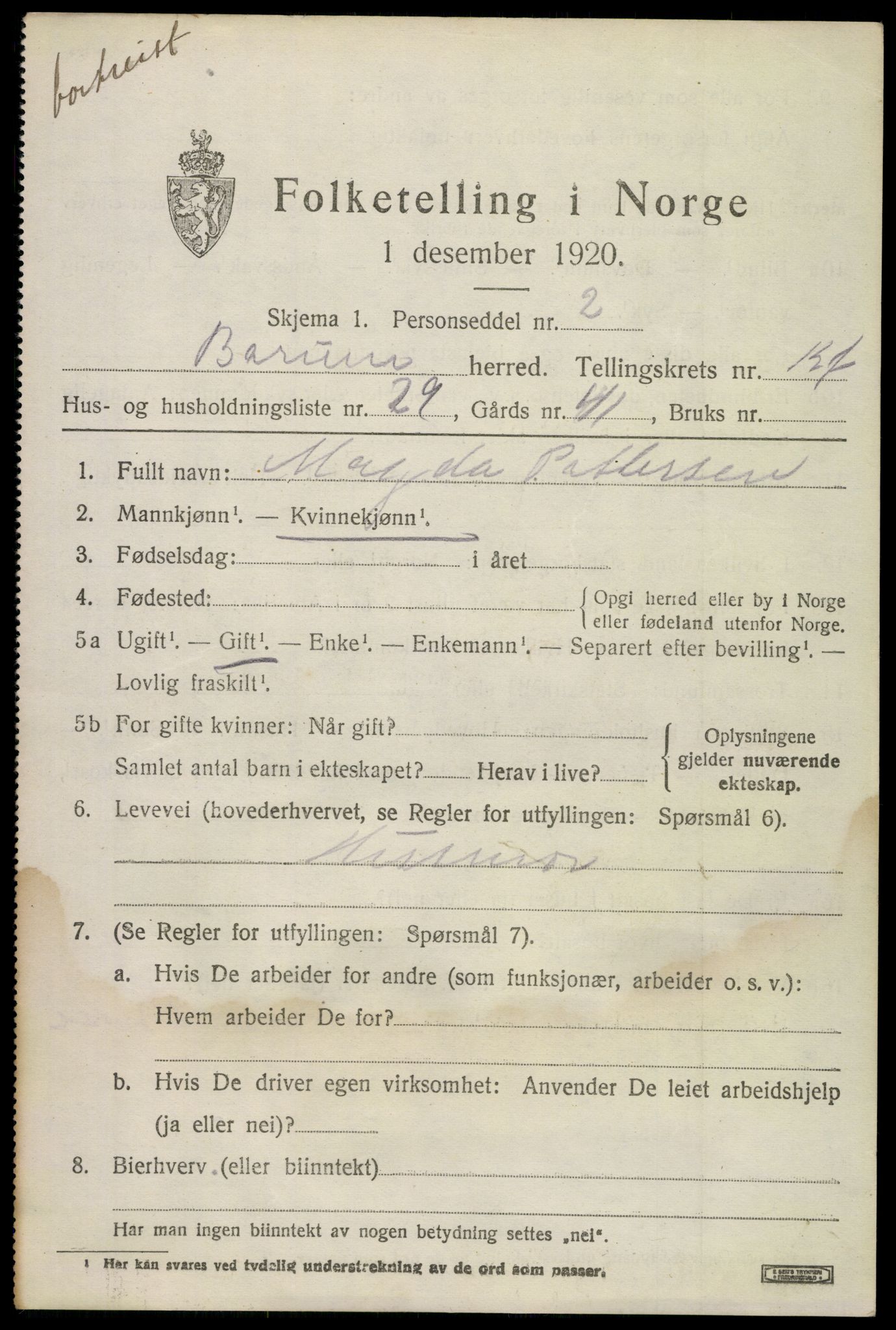 SAO, 1920 census for Bærum, 1920, p. 33036