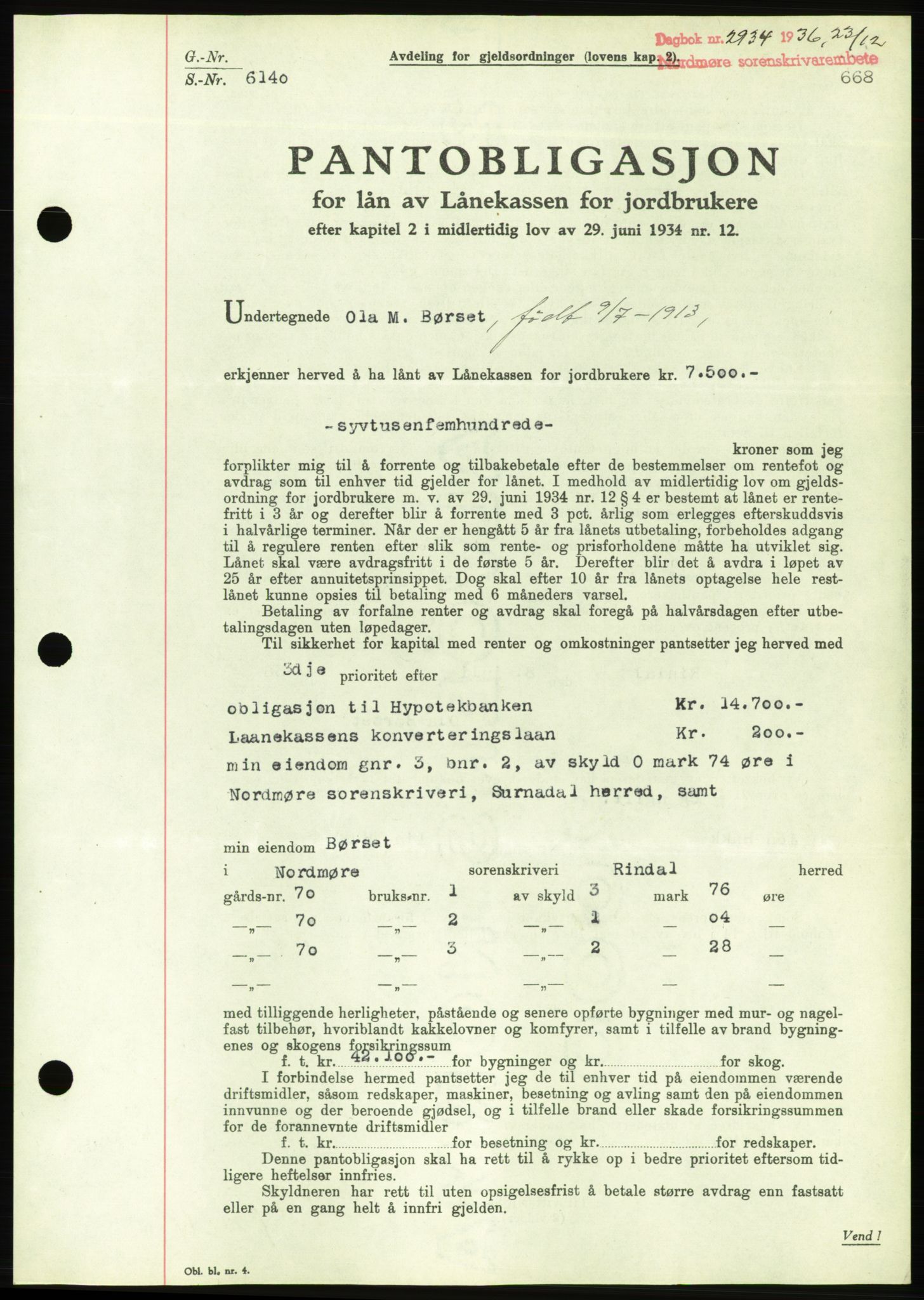 Nordmøre sorenskriveri, AV/SAT-A-4132/1/2/2Ca/L0090: Mortgage book no. B80, 1936-1937, Diary no: : 2934/1936