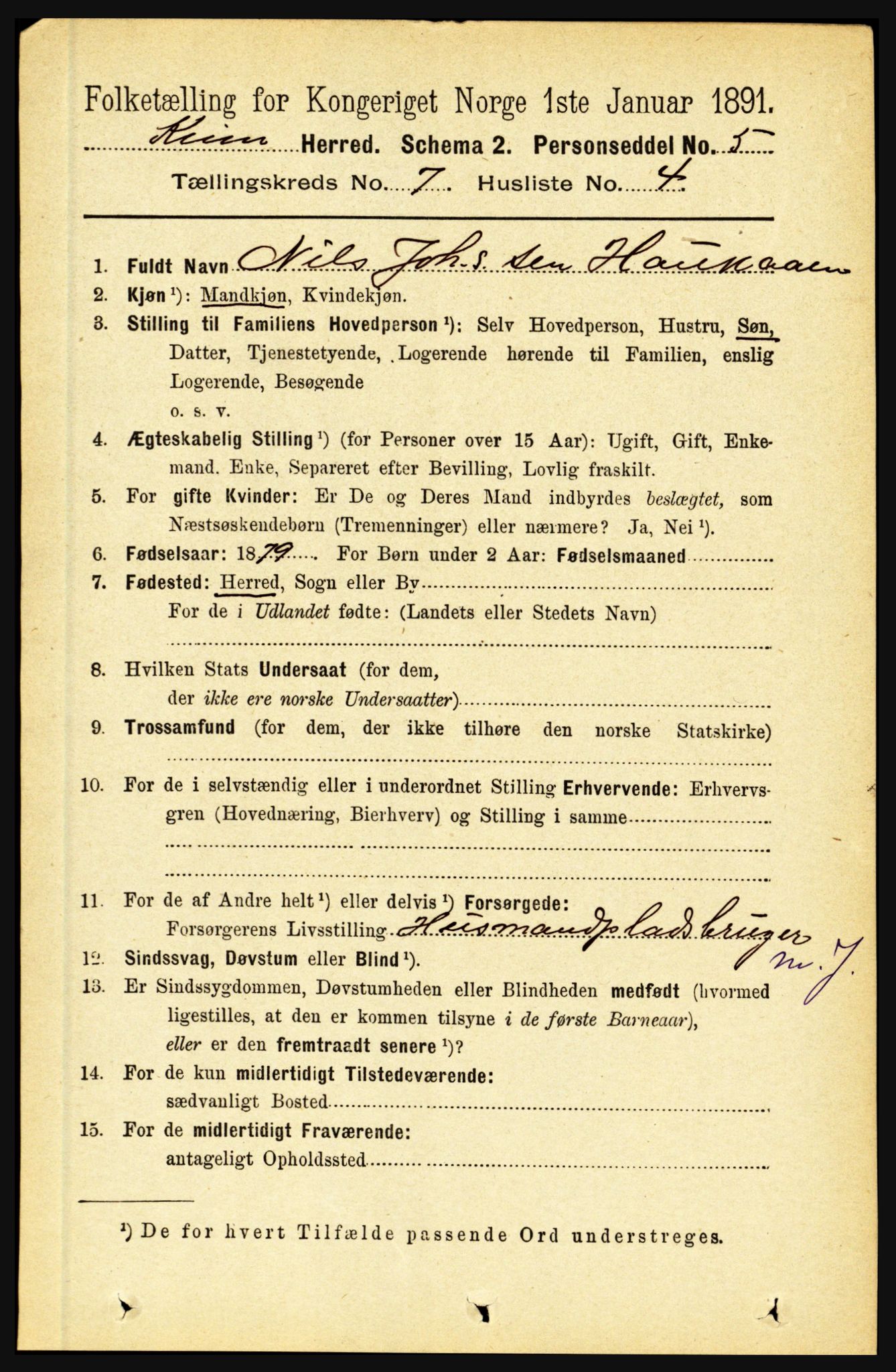 RA, 1891 census for 1437 Kinn, 1891, p. 2698