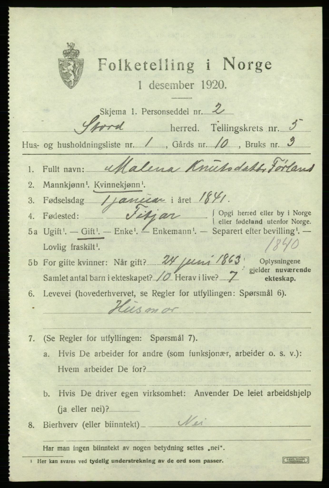 SAB, 1920 census for Stord, 1920, p. 2115