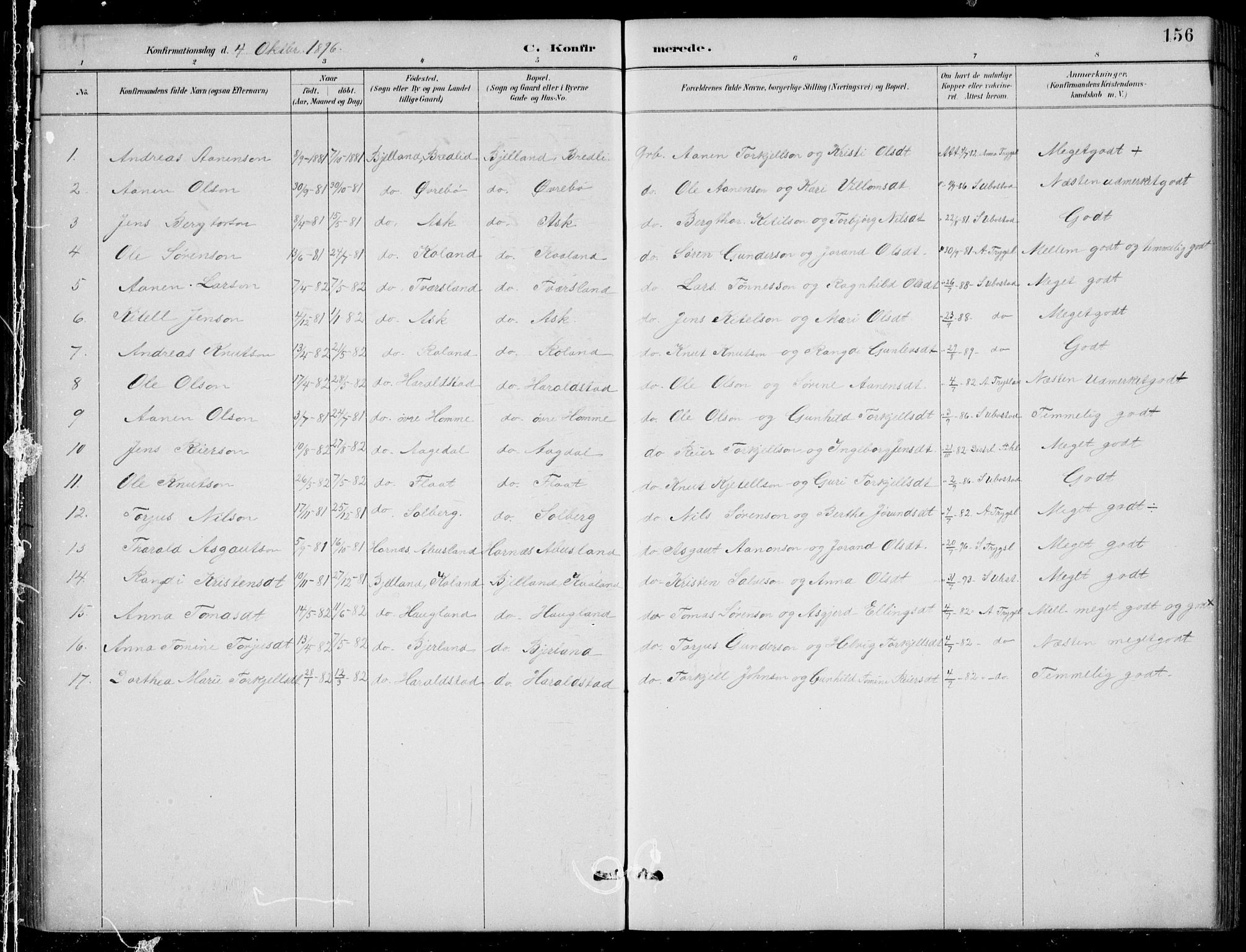 Bjelland sokneprestkontor, SAK/1111-0005/F/Fb/Fba/L0005: Parish register (copy) no. B 5, 1887-1923, p. 156