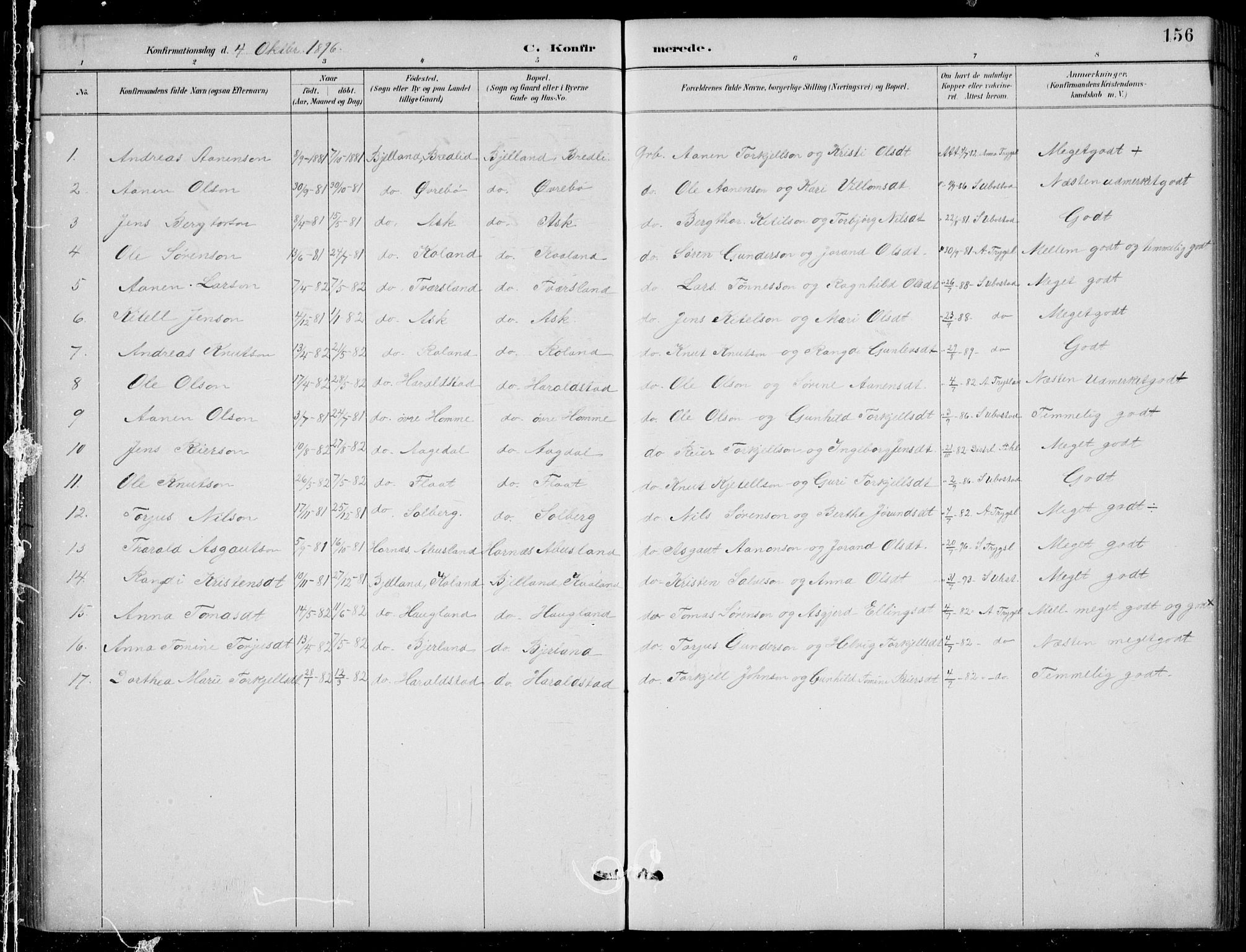 Bjelland sokneprestkontor, AV/SAK-1111-0005/F/Fb/Fba/L0005: Parish register (copy) no. B 5, 1887-1923, p. 156