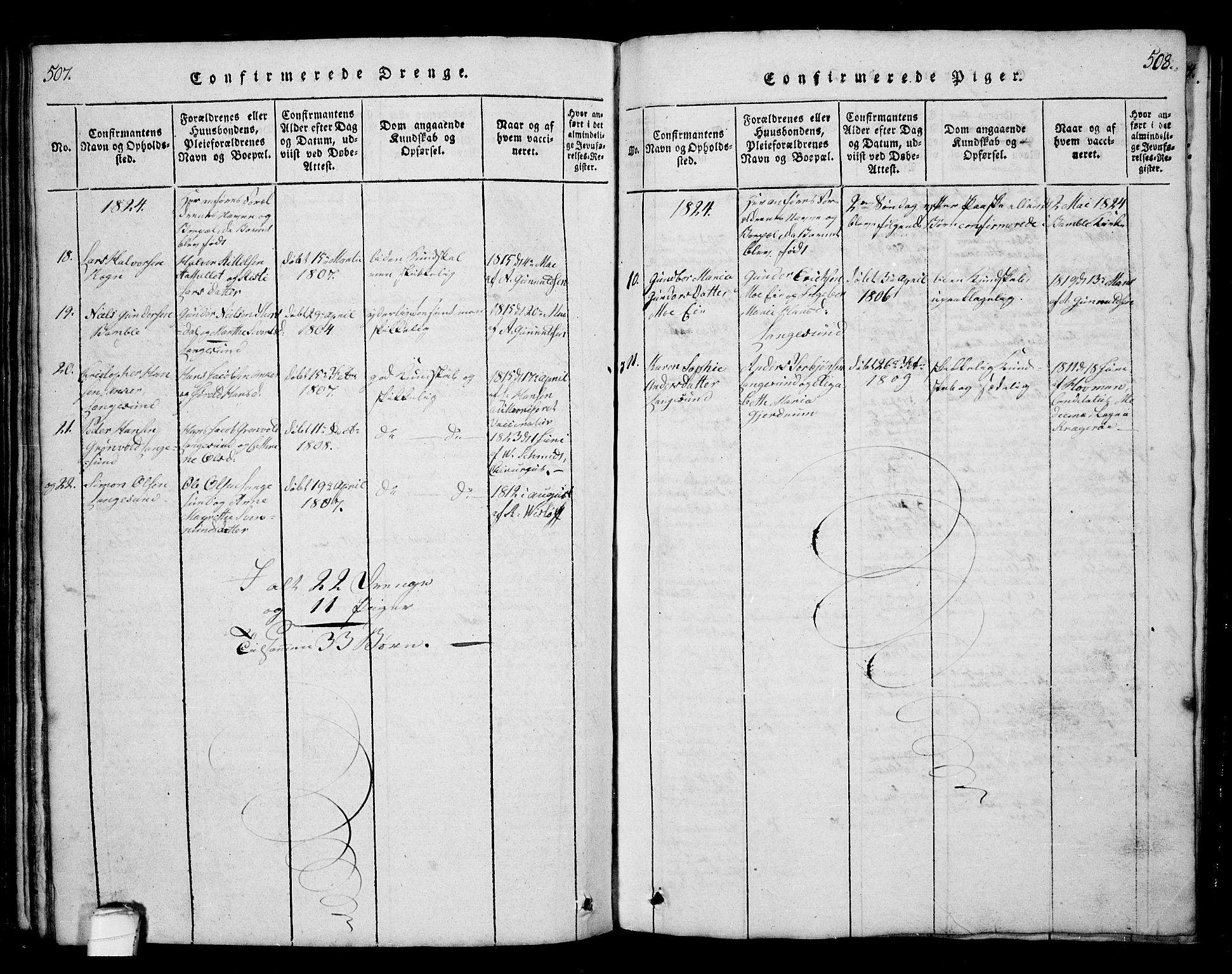 Bamble kirkebøker, AV/SAKO-A-253/G/Ga/L0005: Parish register (copy) no. I 5, 1814-1855, p. 507-508