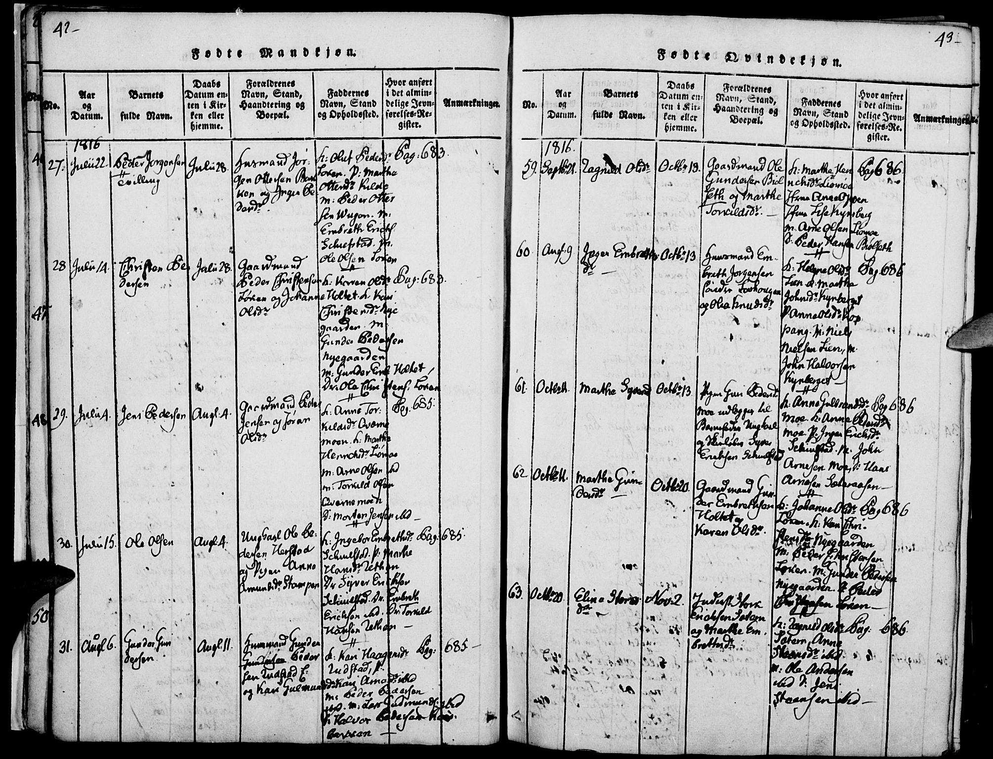 Elverum prestekontor, AV/SAH-PREST-044/H/Ha/Haa/L0007: Parish register (official) no. 7, 1815-1830, p. 42-43