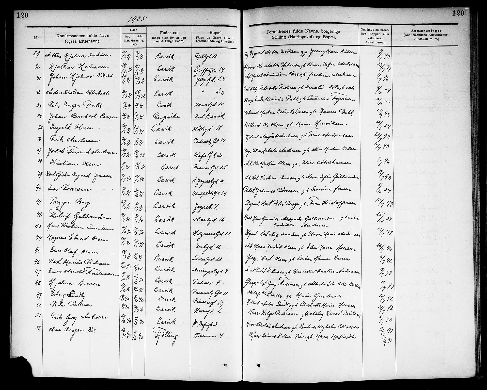 Larvik kirkebøker, AV/SAKO-A-352/G/Ga/L0006: Parish register (copy) no. I 6, 1888-1917, p. 120