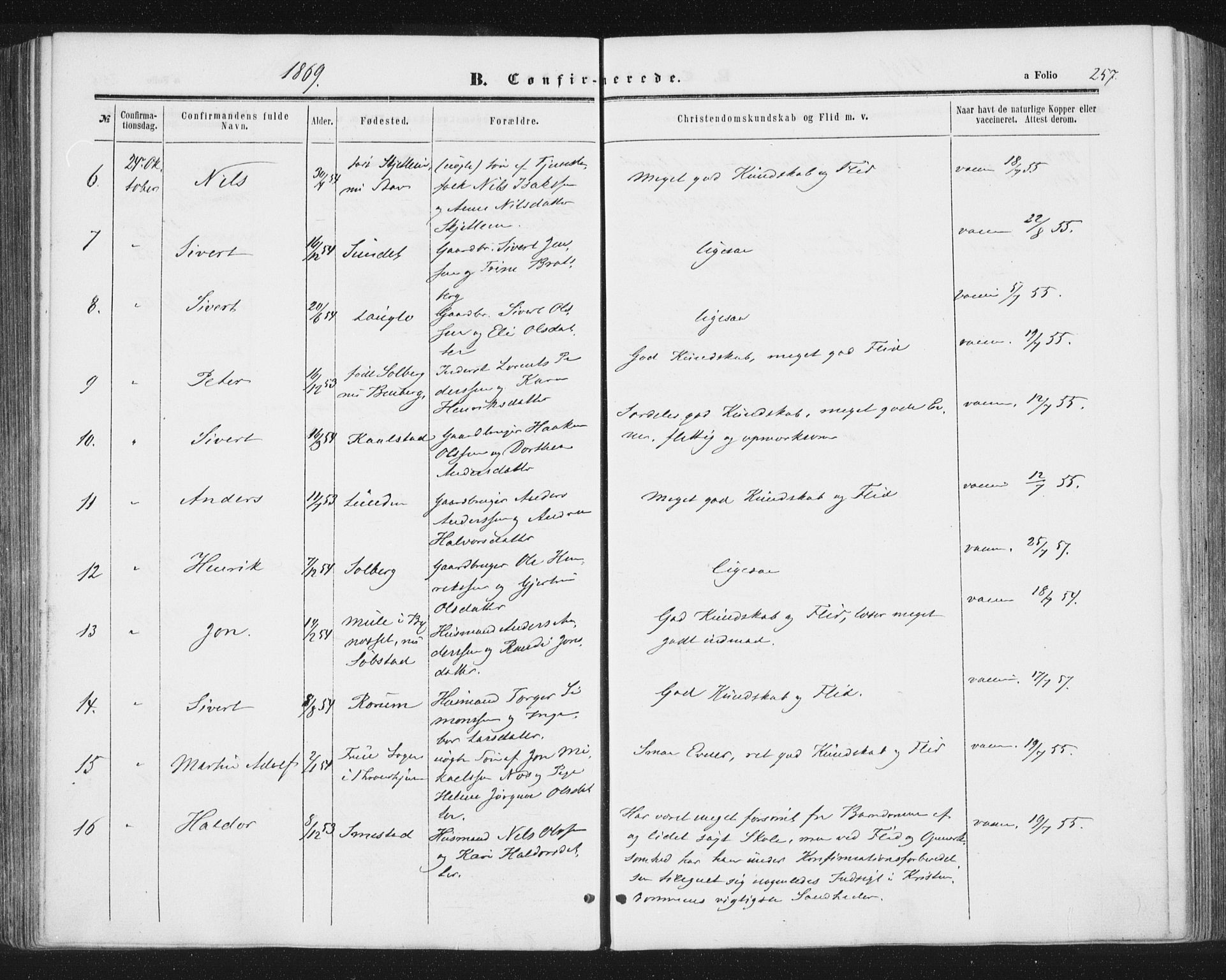 Ministerialprotokoller, klokkerbøker og fødselsregistre - Sør-Trøndelag, AV/SAT-A-1456/691/L1077: Parish register (official) no. 691A09, 1862-1873, p. 257