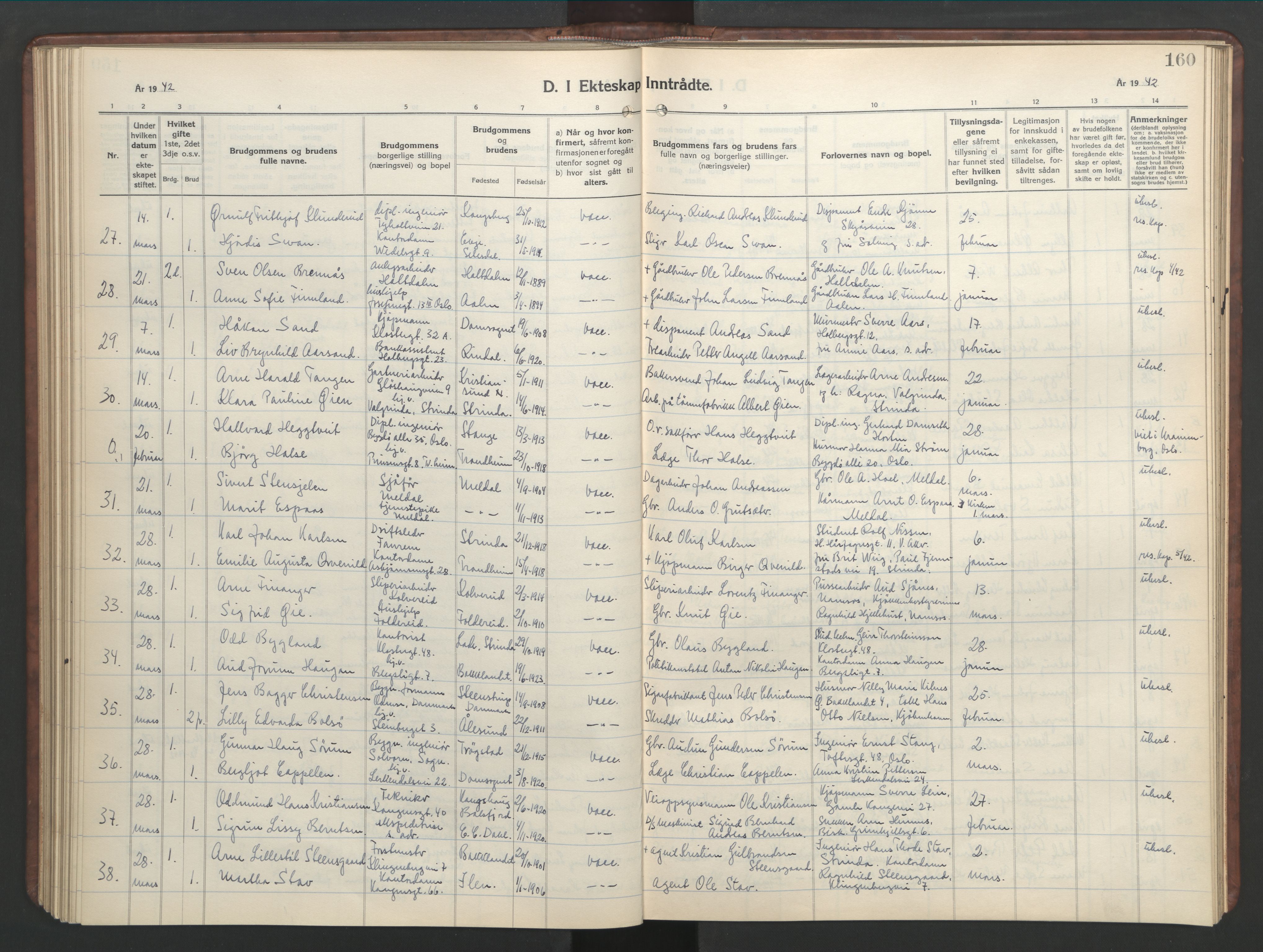 Ministerialprotokoller, klokkerbøker og fødselsregistre - Sør-Trøndelag, AV/SAT-A-1456/601/L0101: Parish register (copy) no. 601C19, 1935-1946, p. 160