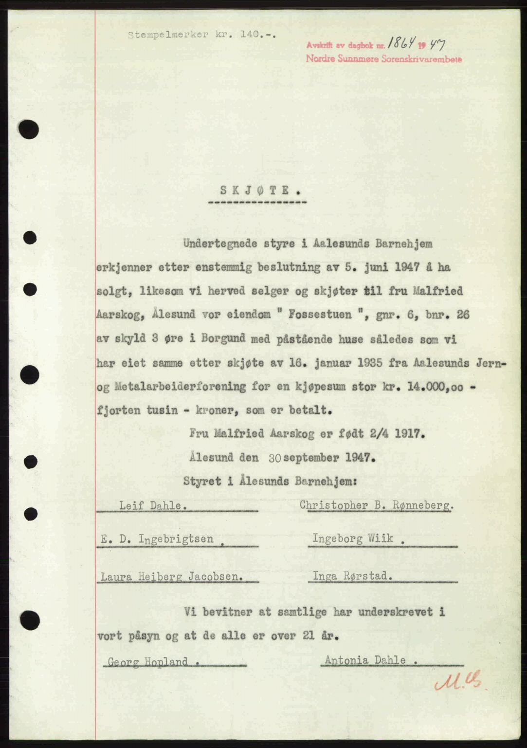 Nordre Sunnmøre sorenskriveri, AV/SAT-A-0006/1/2/2C/2Ca: Mortgage book no. A25, 1947-1947, Diary no: : 1864/1947