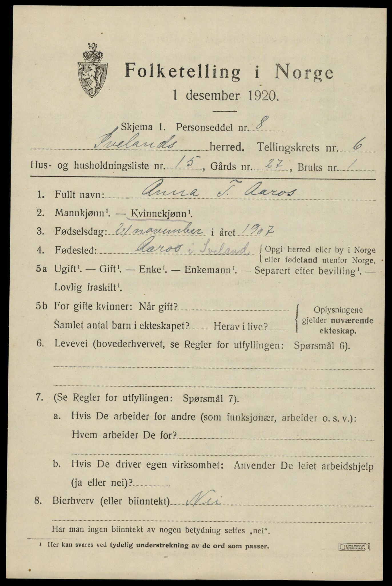 SAK, 1920 census for Iveland, 1920, p. 2119