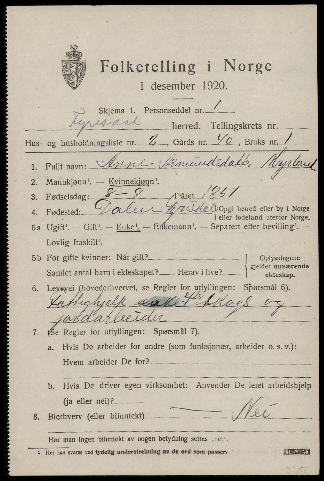 SAKO, 1920 census for Fyresdal, 1920, p. 2311