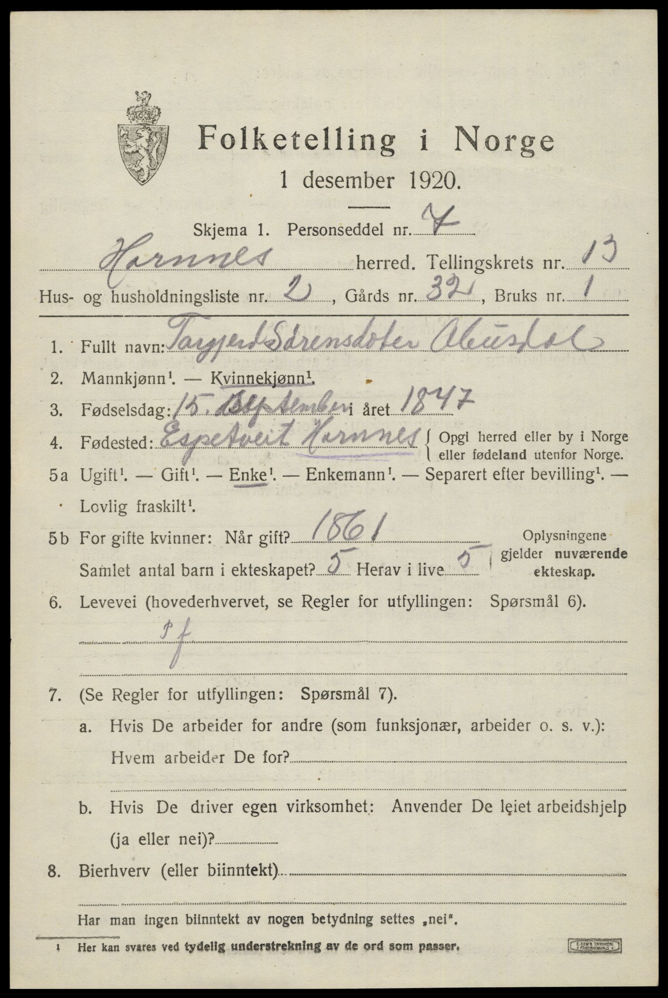 SAK, 1920 census for Hornnes, 1920, p. 3077
