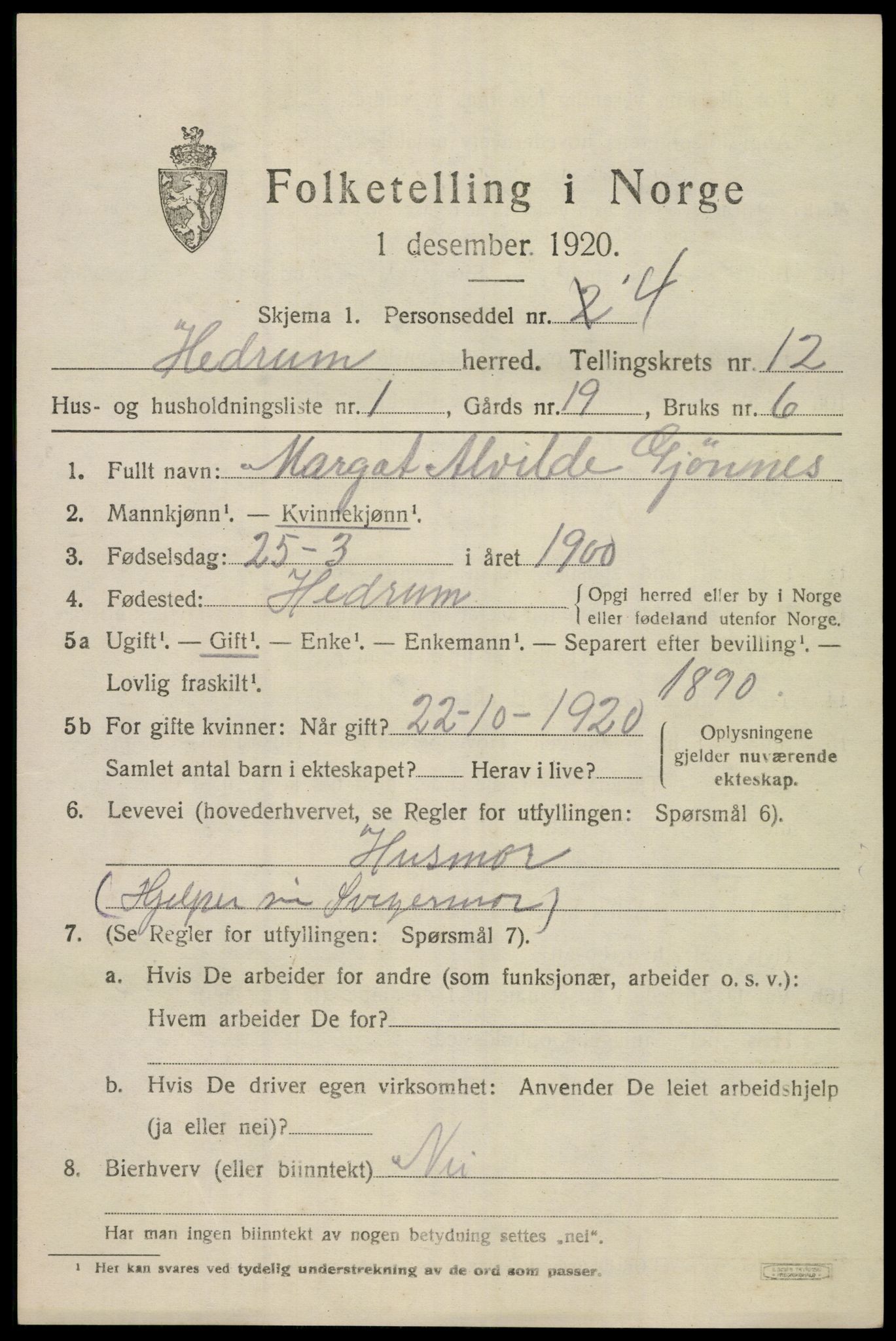 SAKO, 1920 census for Hedrum, 1920, p. 8027