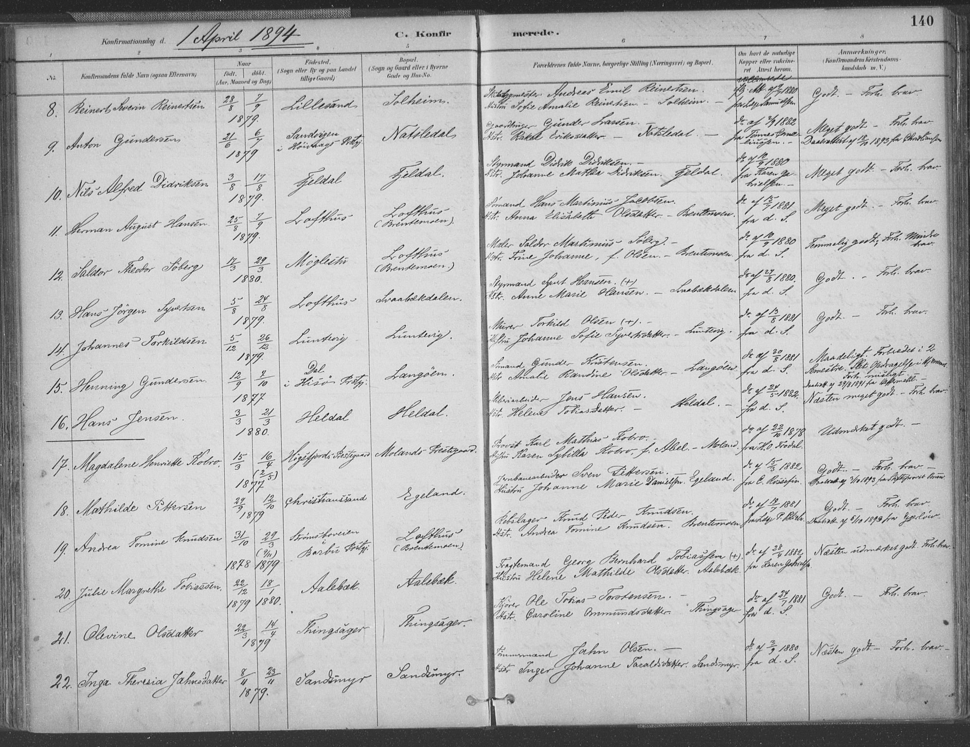 Vestre Moland sokneprestkontor, AV/SAK-1111-0046/F/Fa/Fab/L0009: Parish register (official) no. A 9, 1884-1899, p. 140