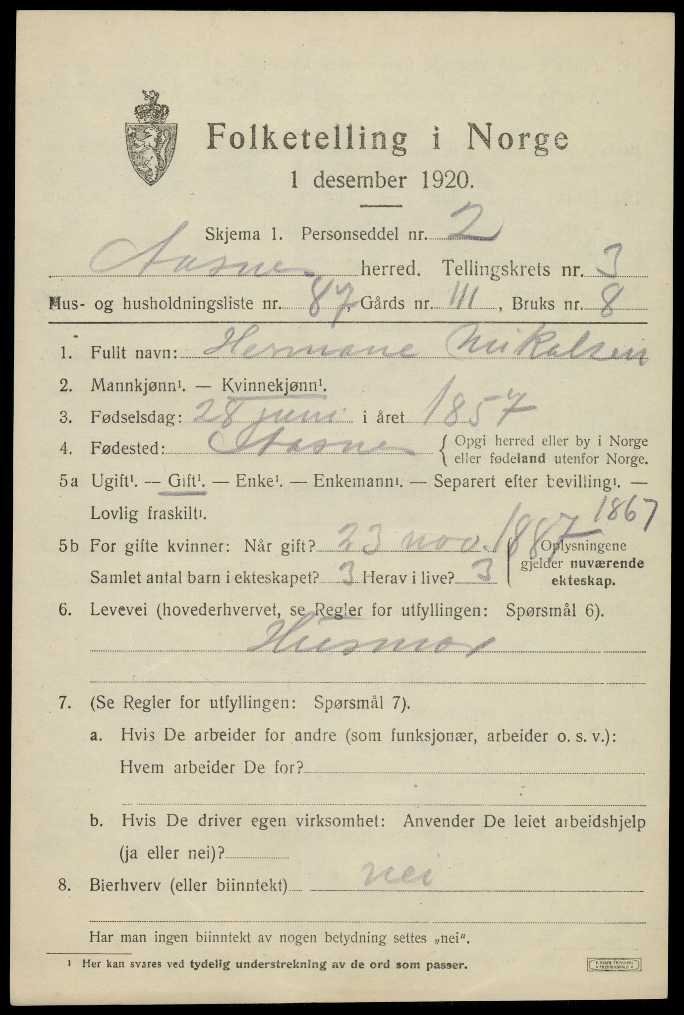 SAH, 1920 census for Åsnes, 1920, p. 4762