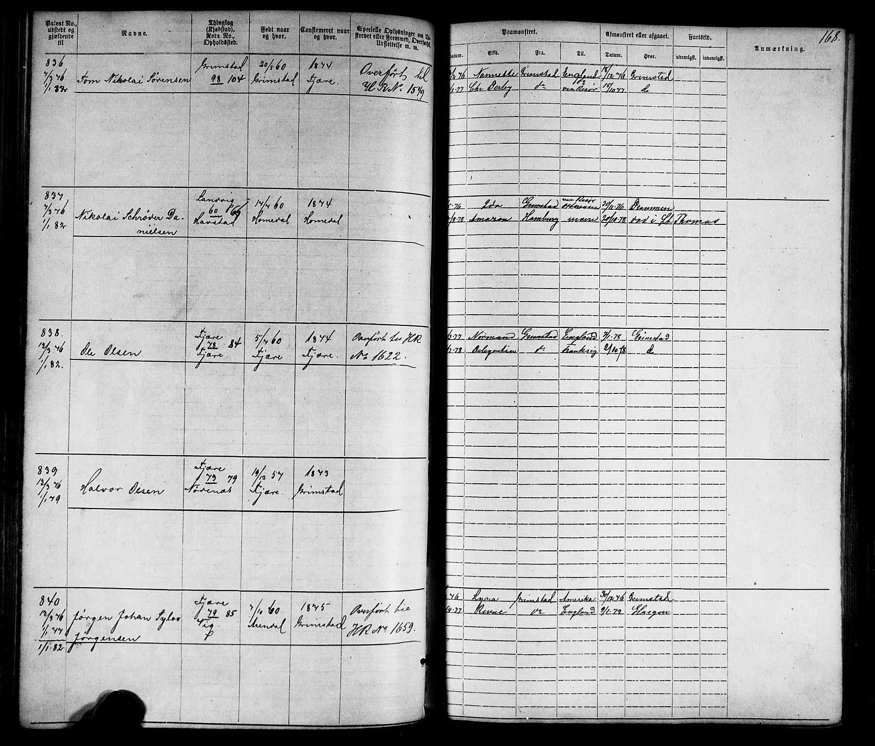 Grimstad mønstringskrets, AV/SAK-2031-0013/F/Fa/L0005: Annotasjonsrulle nr 1-1910 med register, V-18, 1870-1892, p. 197