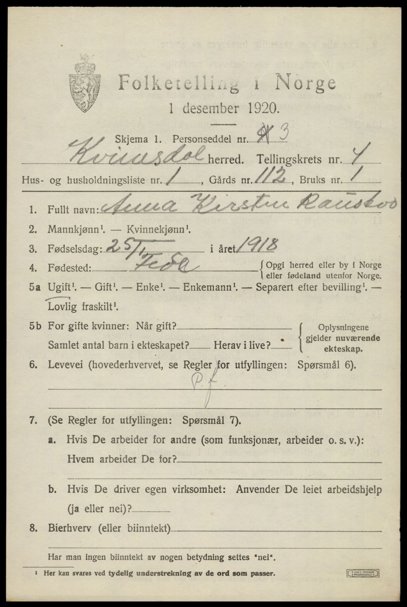 SAK, 1920 census for Kvinesdal, 1920, p. 4487