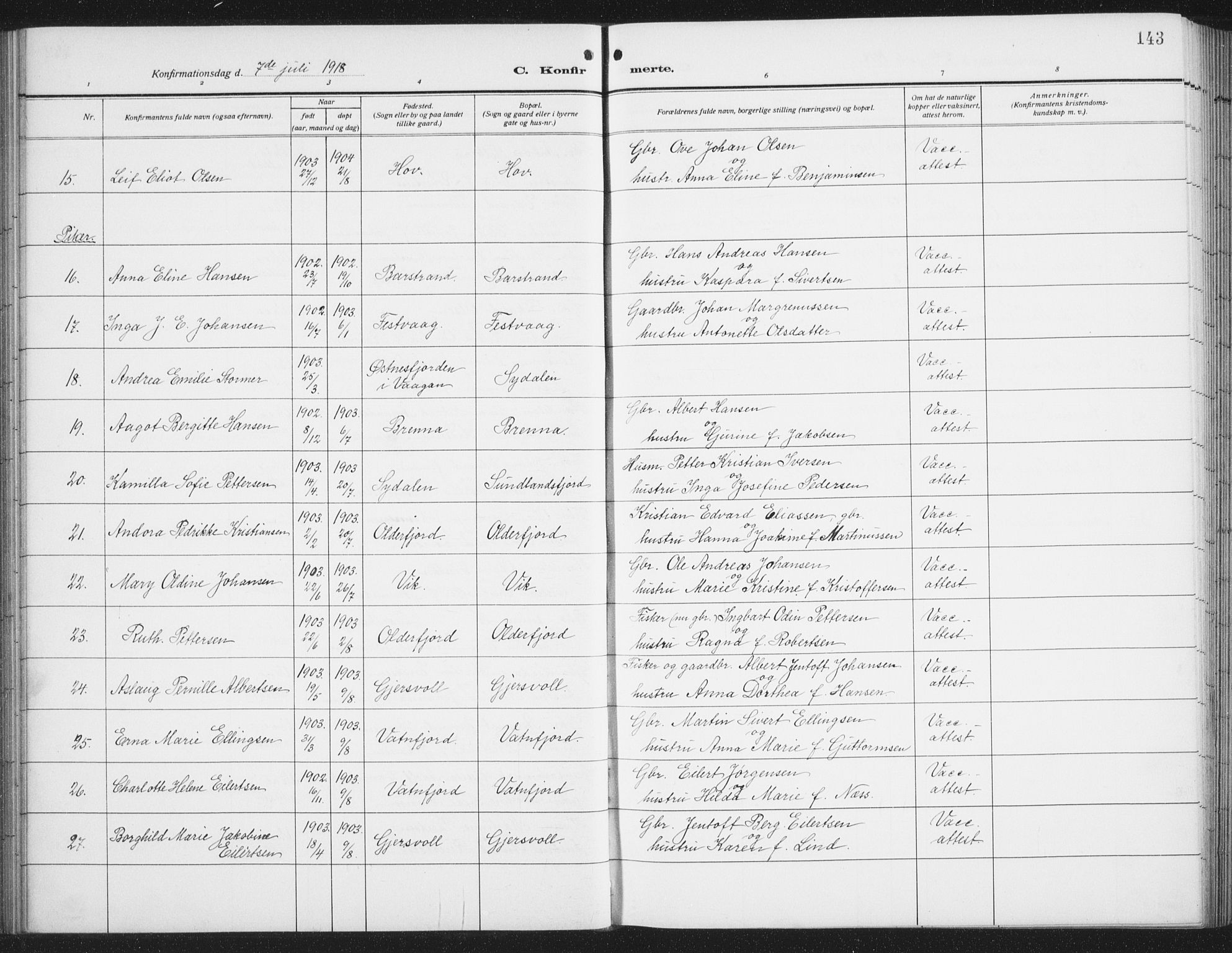 Ministerialprotokoller, klokkerbøker og fødselsregistre - Nordland, AV/SAT-A-1459/876/L1106: Parish register (copy) no. 876C05, 1915-1942, p. 143