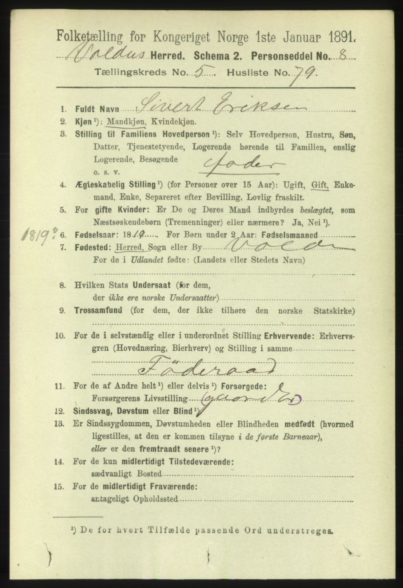 RA, 1891 census for 1519 Volda, 1891, p. 2783