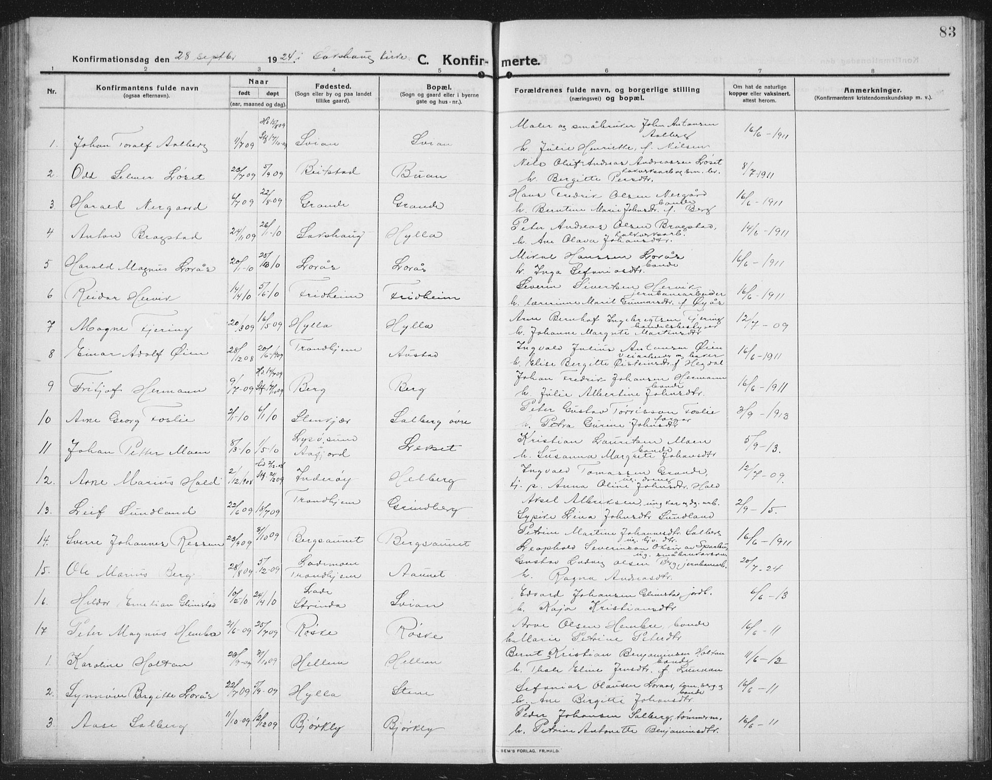 Ministerialprotokoller, klokkerbøker og fødselsregistre - Nord-Trøndelag, SAT/A-1458/731/L0312: Parish register (copy) no. 731C03, 1911-1935, p. 83