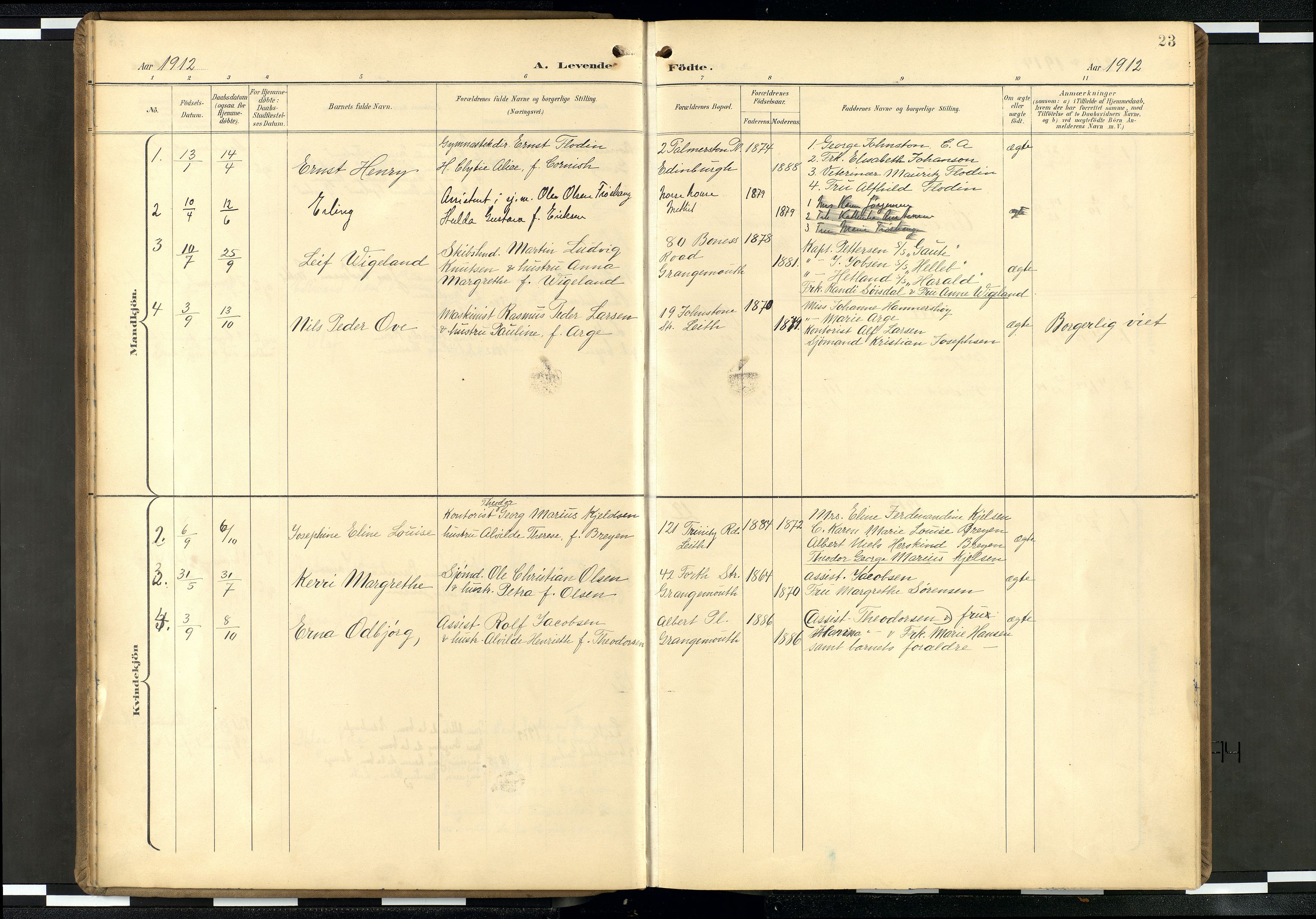 Den norske sjømannsmisjon i utlandet/Skotske havner (Leith, Glasgow), SAB/SAB/PA-0100/H/Ha/Haa/L0004: Parish register (official) no. A 4, 1899-1949, p. 22b-23a