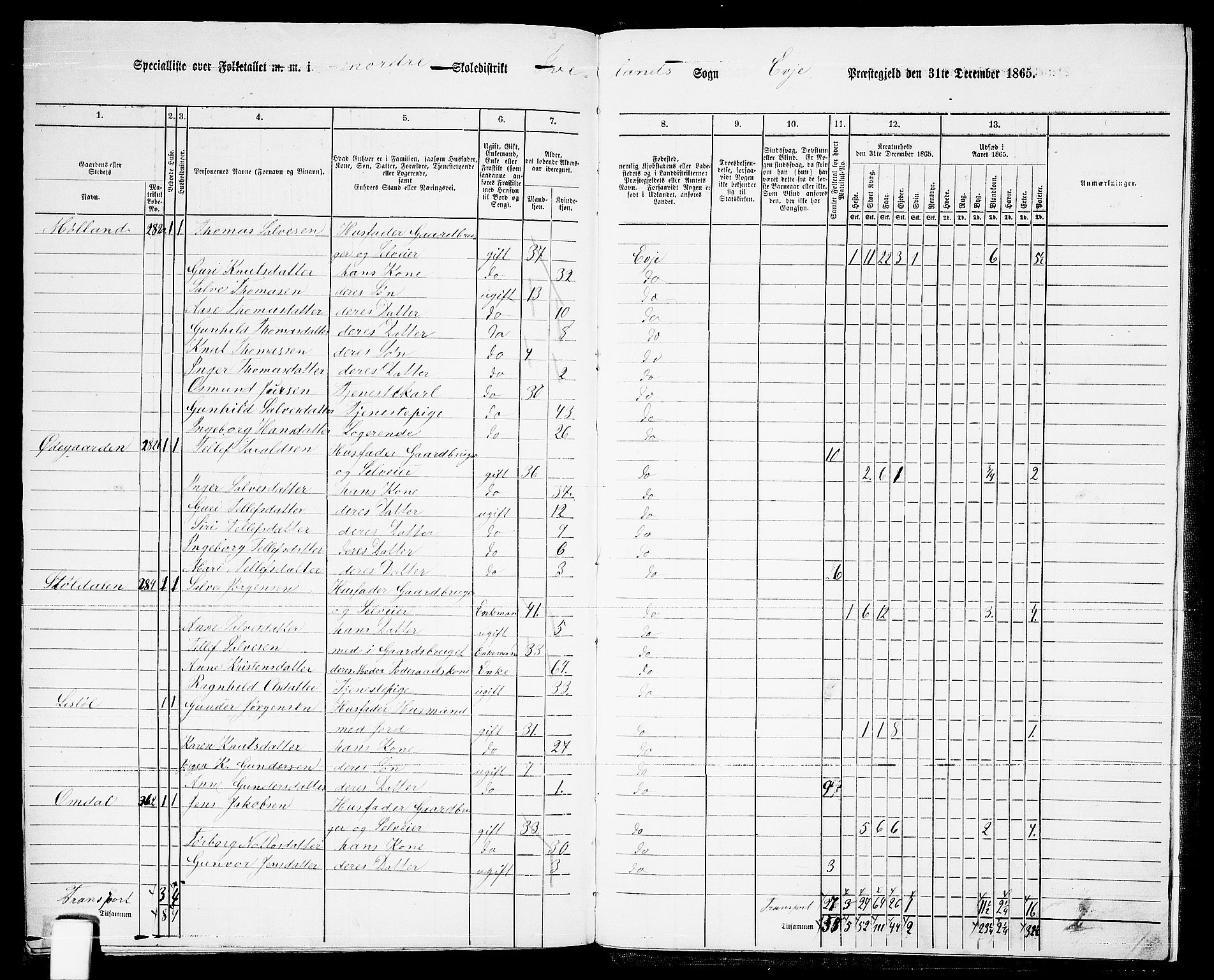 RA, 1865 census for Evje, 1865, p. 172