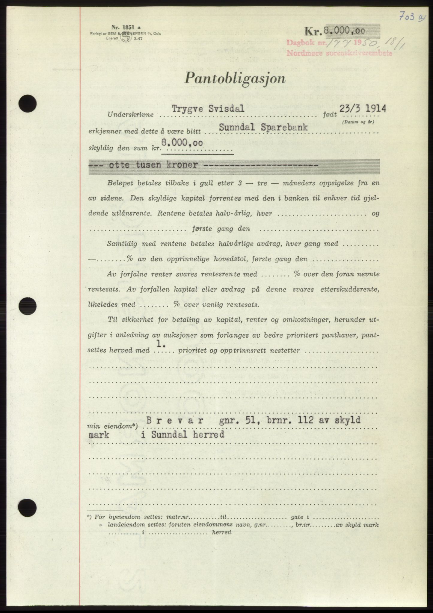 Nordmøre sorenskriveri, AV/SAT-A-4132/1/2/2Ca: Mortgage book no. B103, 1949-1950, Diary no: : 177/1950