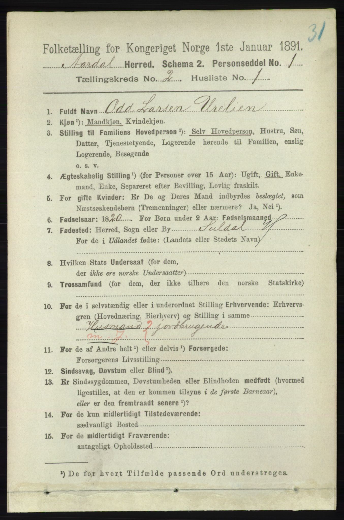 RA, 1891 census for 1131 Årdal, 1891, p. 574