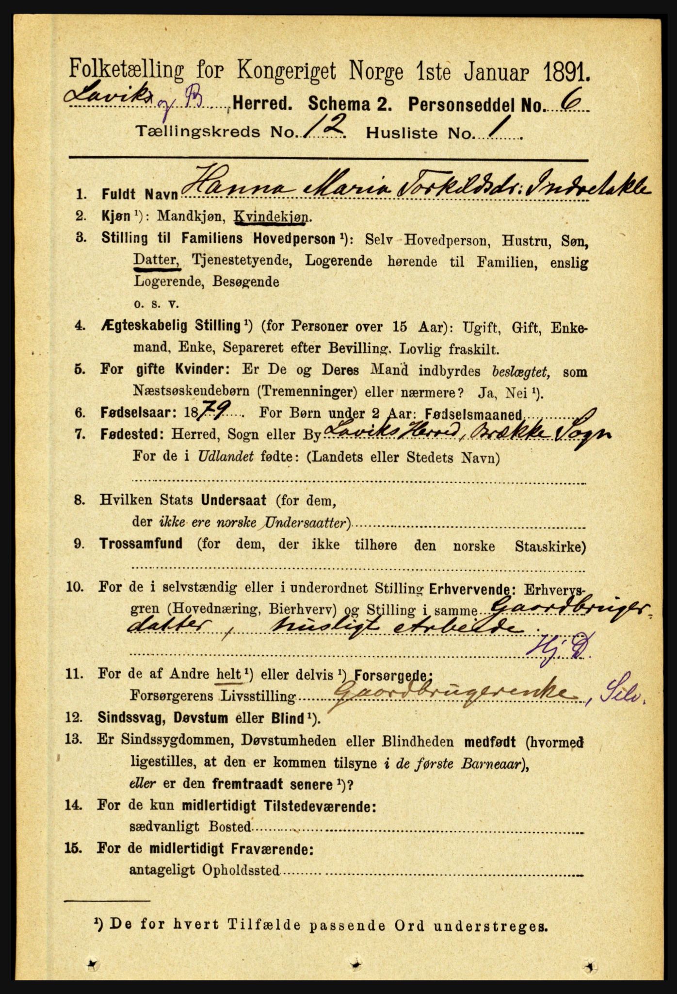 RA, 1891 census for 1415 Lavik og Brekke, 1891, p. 2355