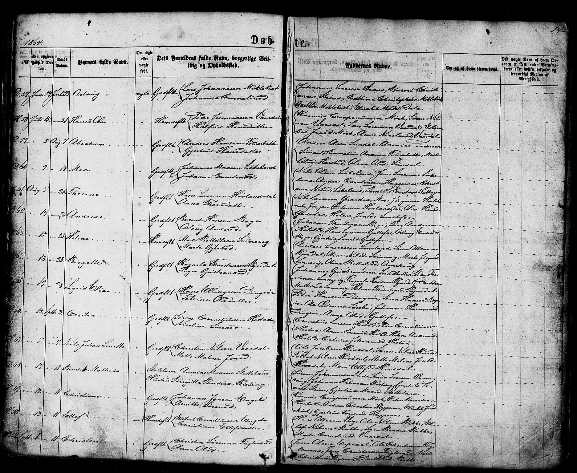 Fjaler sokneprestembete, AV/SAB-A-79801/H/Haa/Haaa/L0007: Parish register (official) no. A 7, 1862-1881, p. 14