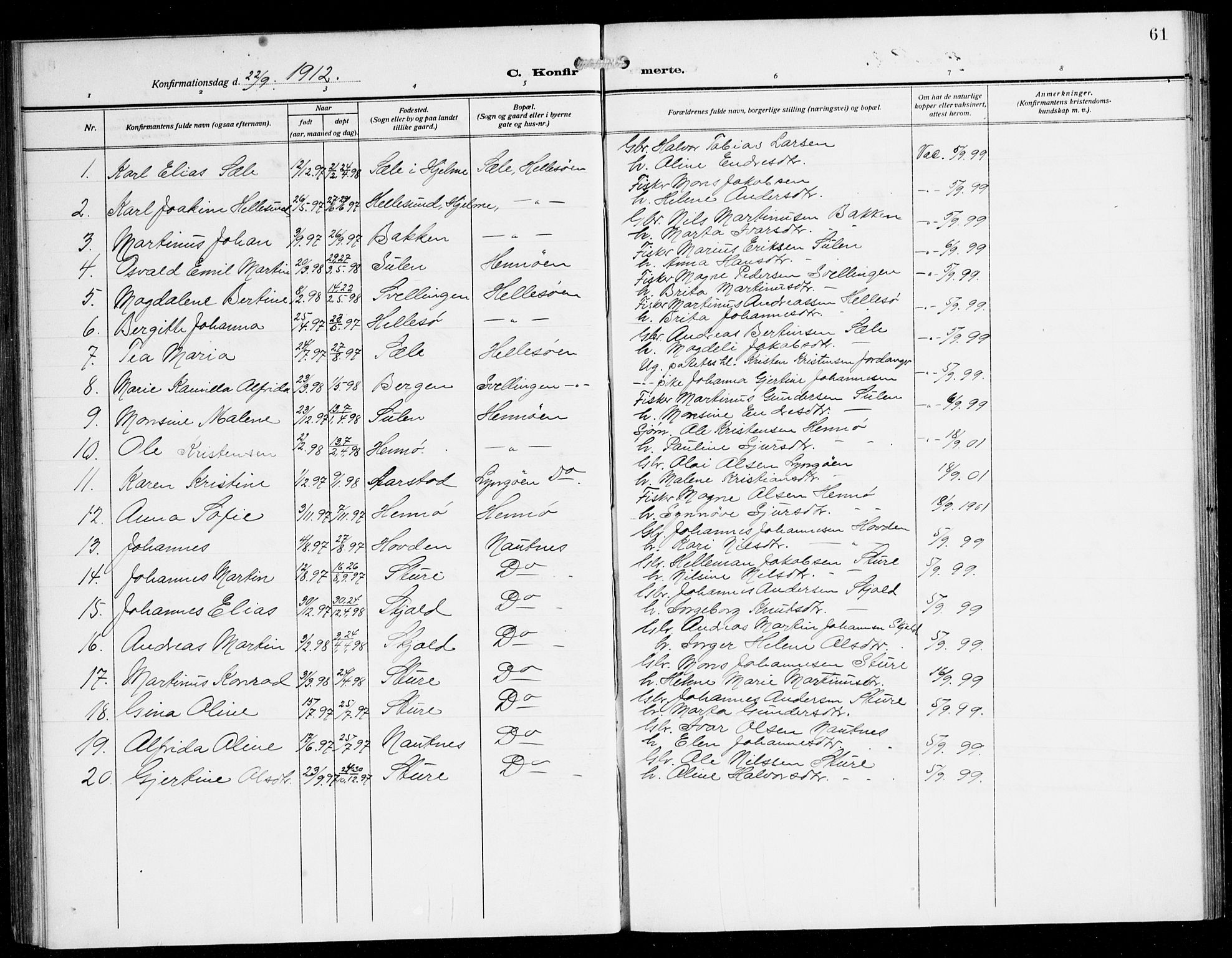 Herdla Sokneprestembete, AV/SAB-A-75701/H/Hab: Parish register (copy) no. B 1, 1909-1929, p. 61