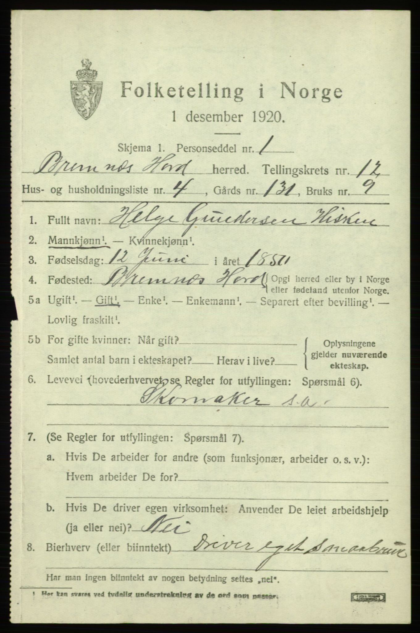 SAB, 1920 census for Bremnes, 1920, p. 7600