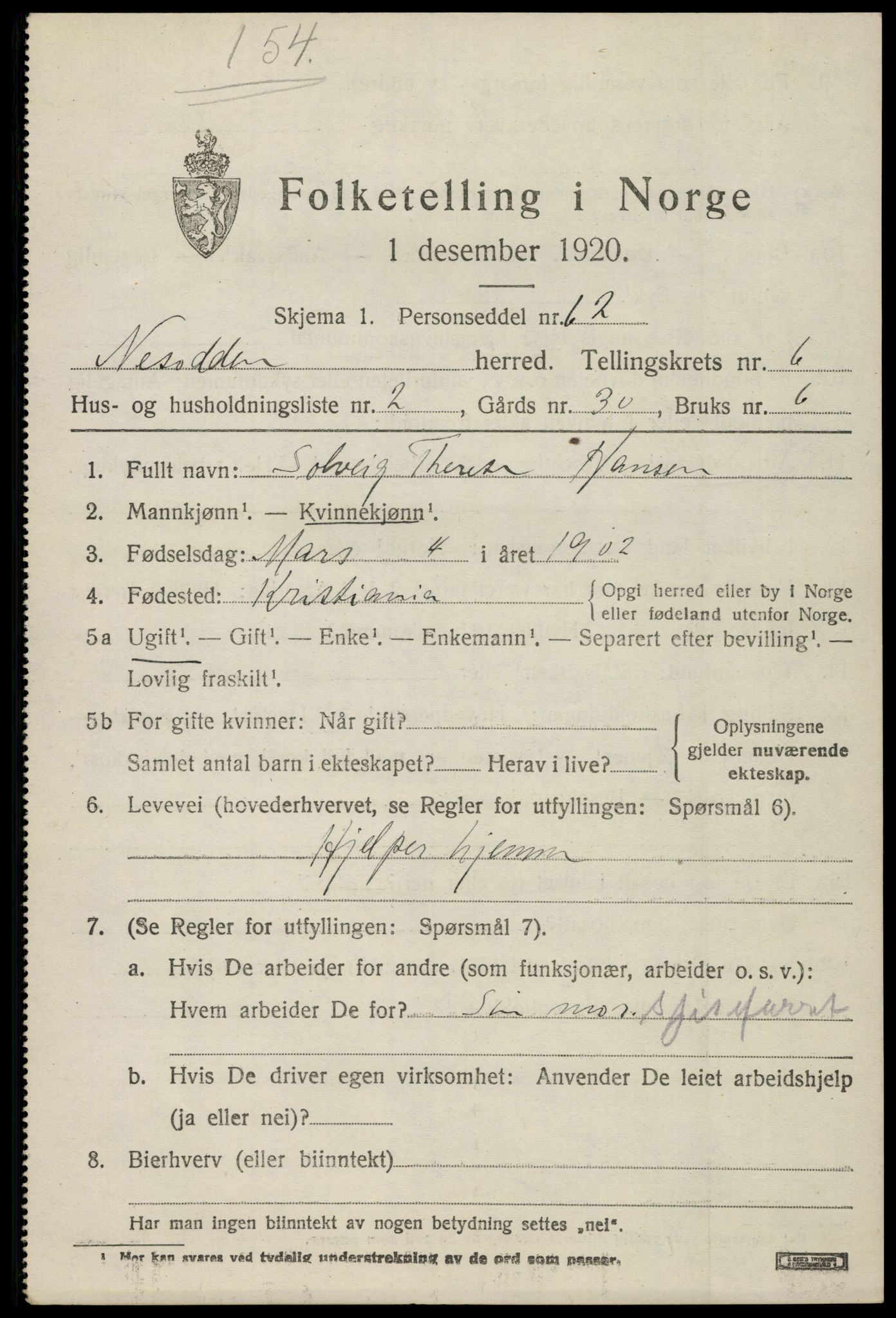 SAO, 1920 census for Nesodden, 1920, p. 5469