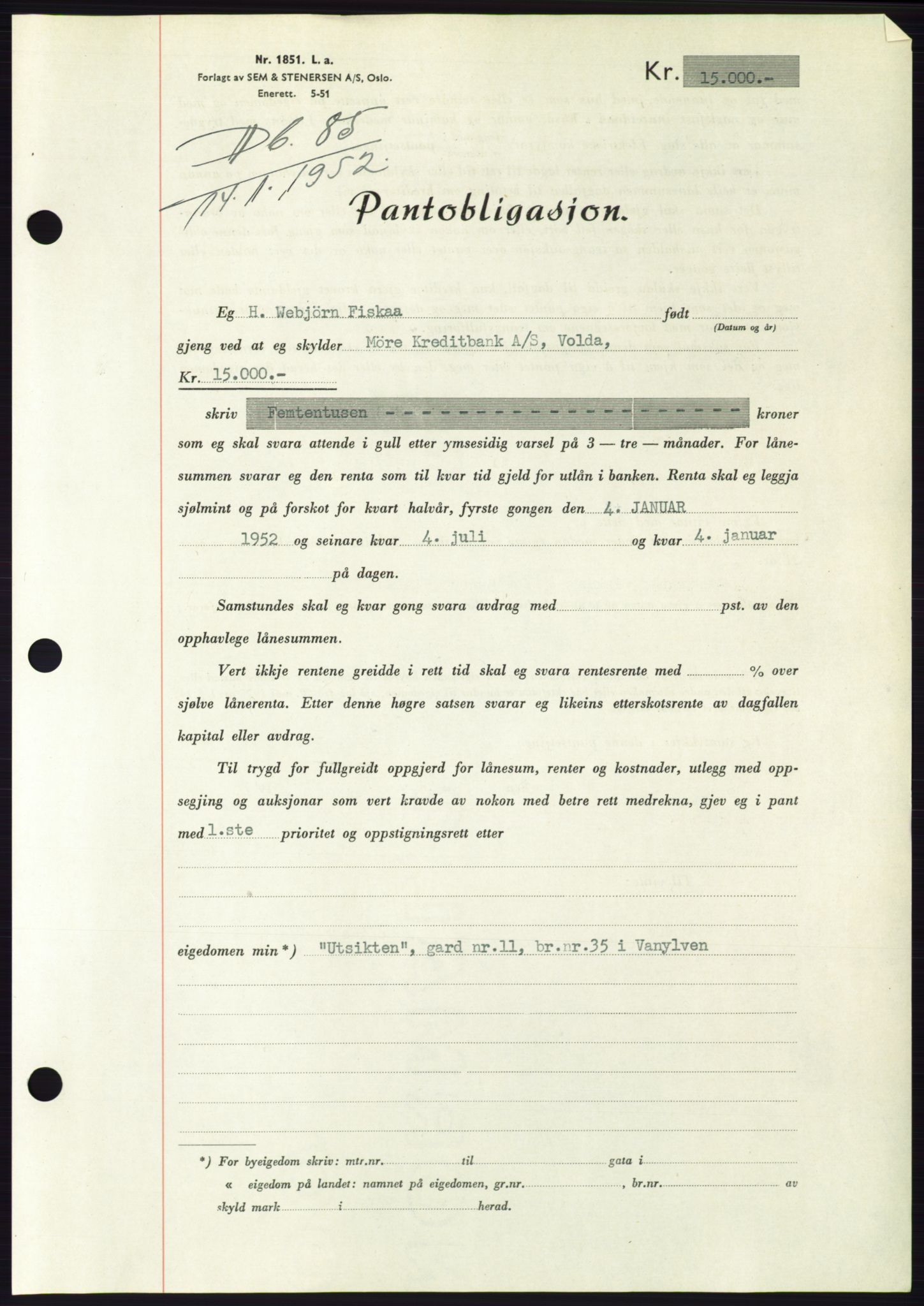 Søre Sunnmøre sorenskriveri, AV/SAT-A-4122/1/2/2C/L0121: Mortgage book no. 9B, 1951-1952, Diary no: : 85/1952