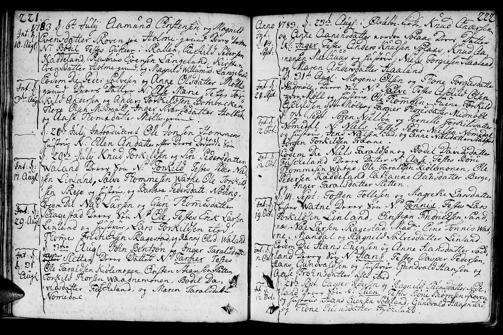 Holum sokneprestkontor, SAK/1111-0022/F/Fa/Faa/L0003: Parish register (official) no. A 3, 1780-1821, p. 221-222