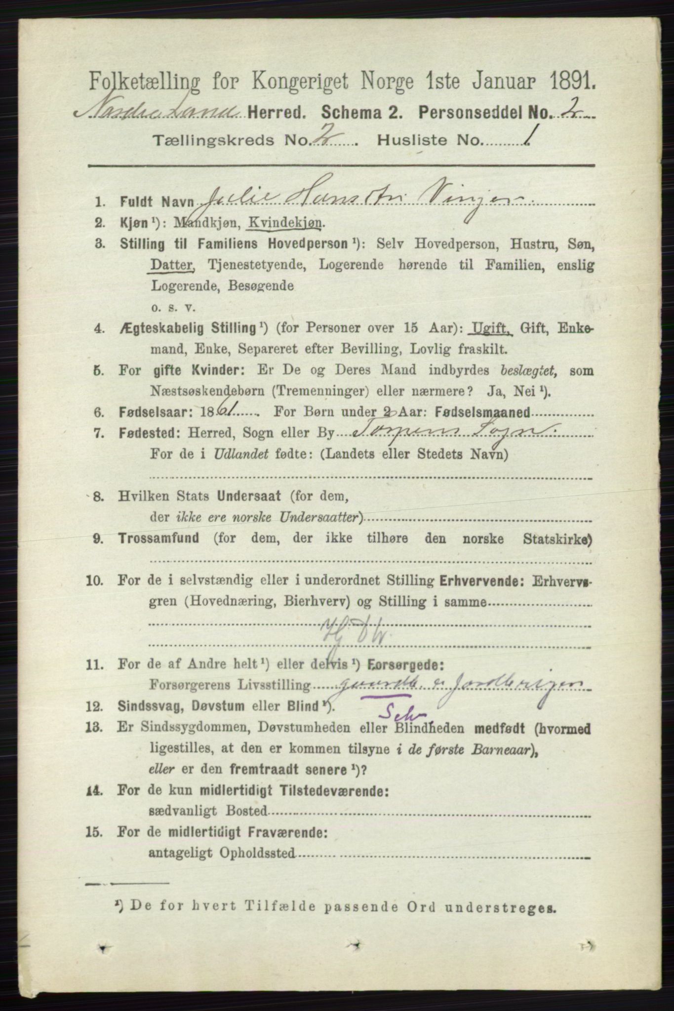 RA, 1891 census for 0538 Nordre Land, 1891, p. 578