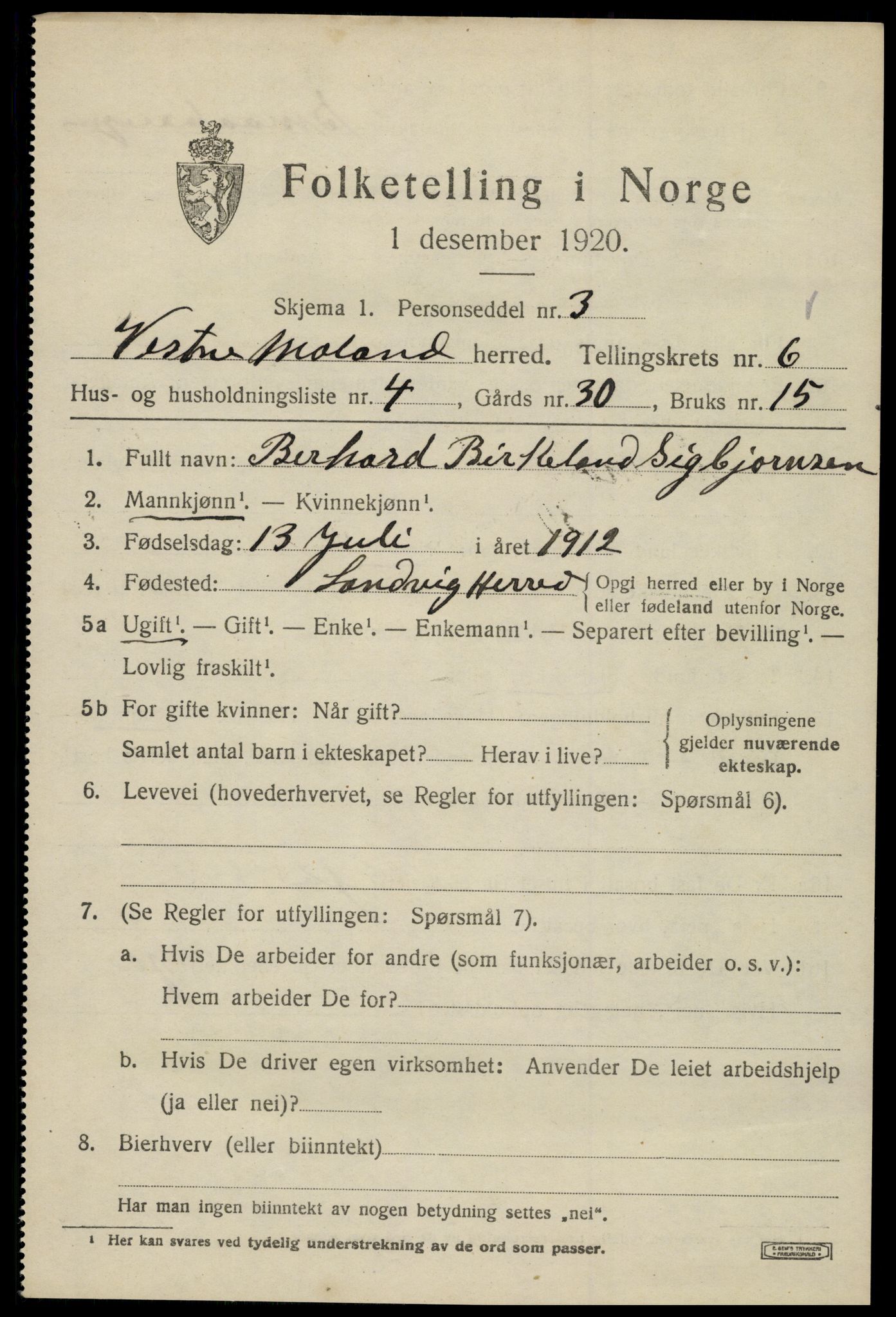 SAK, 1920 census for Vestre Moland, 1920, p. 4625