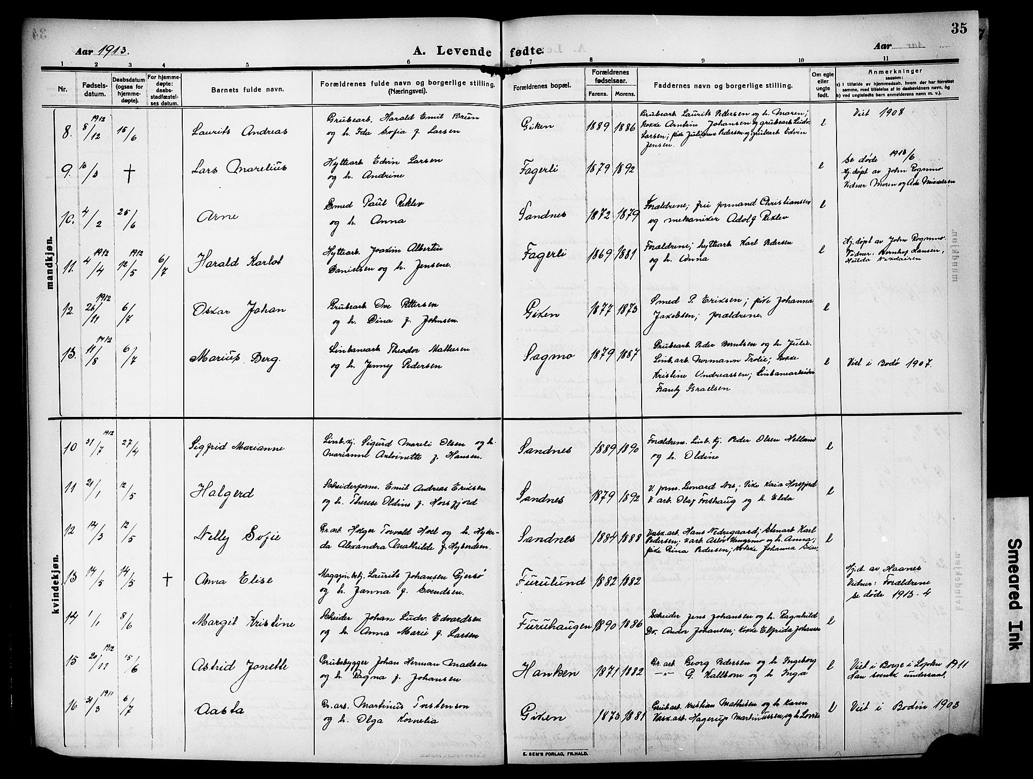 Ministerialprotokoller, klokkerbøker og fødselsregistre - Nordland, SAT/A-1459/850/L0710: Parish register (official) no. 850A02, 1910-1920, p. 35