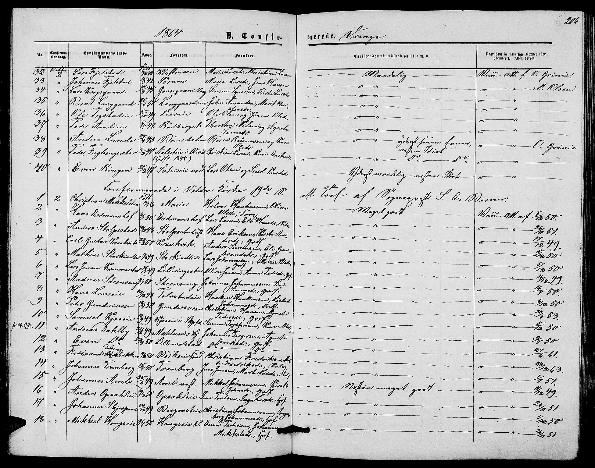 Ringsaker prestekontor, SAH/PREST-014/L/La/L0007: Parish register (copy) no. 7, 1861-1869, p. 206