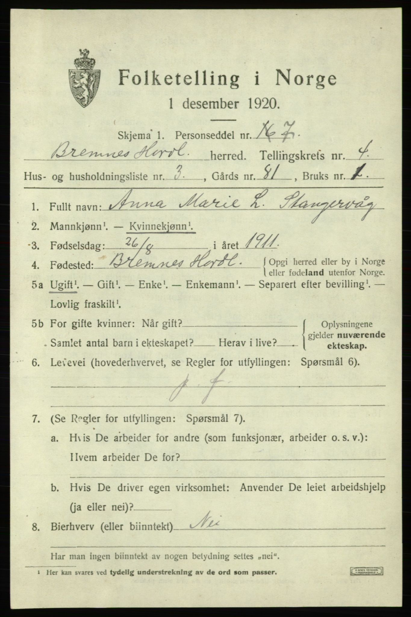 SAB, 1920 census for Bremnes, 1920, p. 1836