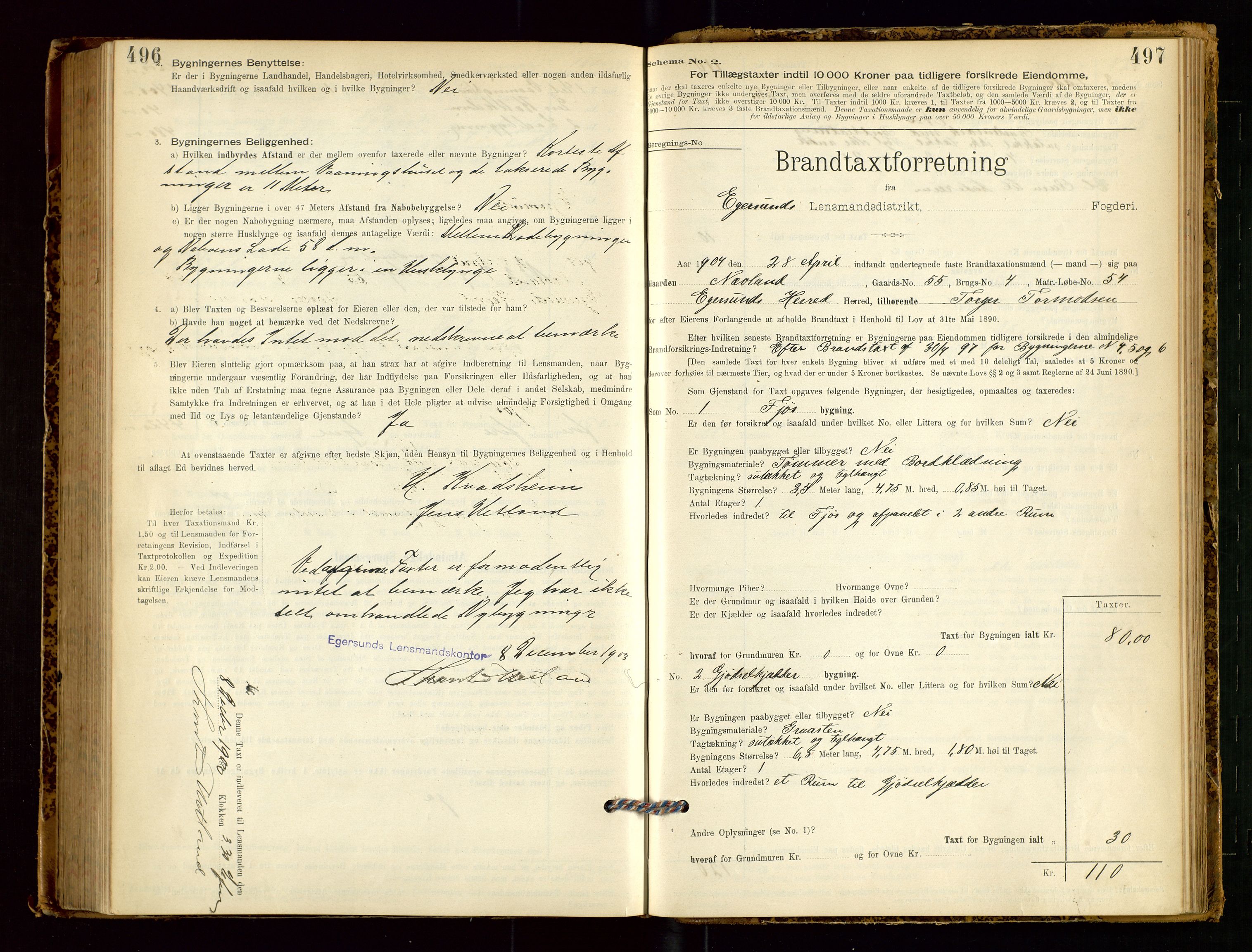 Eigersund lensmannskontor, SAST/A-100171/Gob/L0001: Skjemaprotokoll, 1894-1909, p. 496-497