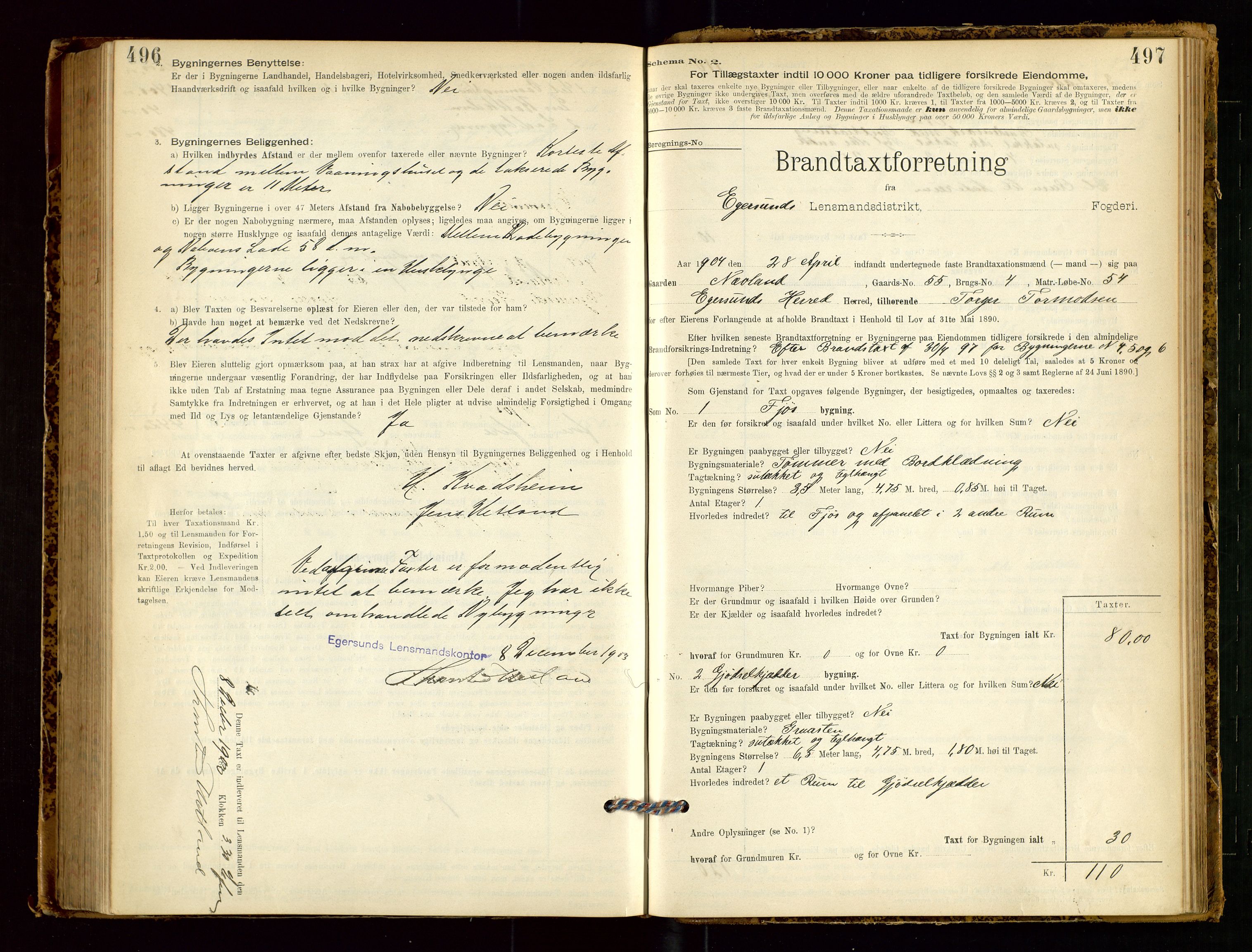 Eigersund lensmannskontor, AV/SAST-A-100171/Gob/L0001: Skjemaprotokoll, 1894-1909, p. 496-497