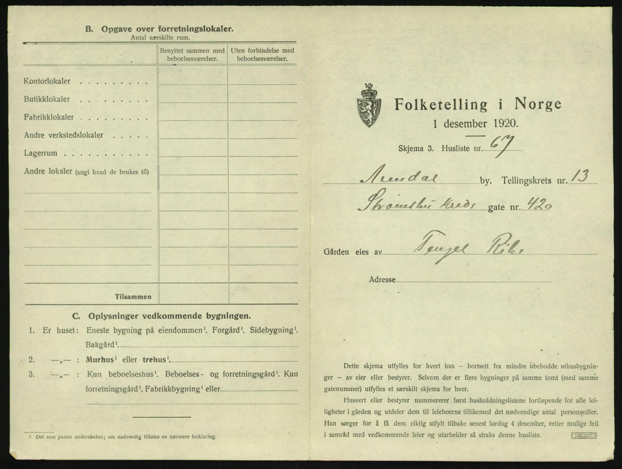 SAK, 1920 census for Arendal, 1920, p. 1960