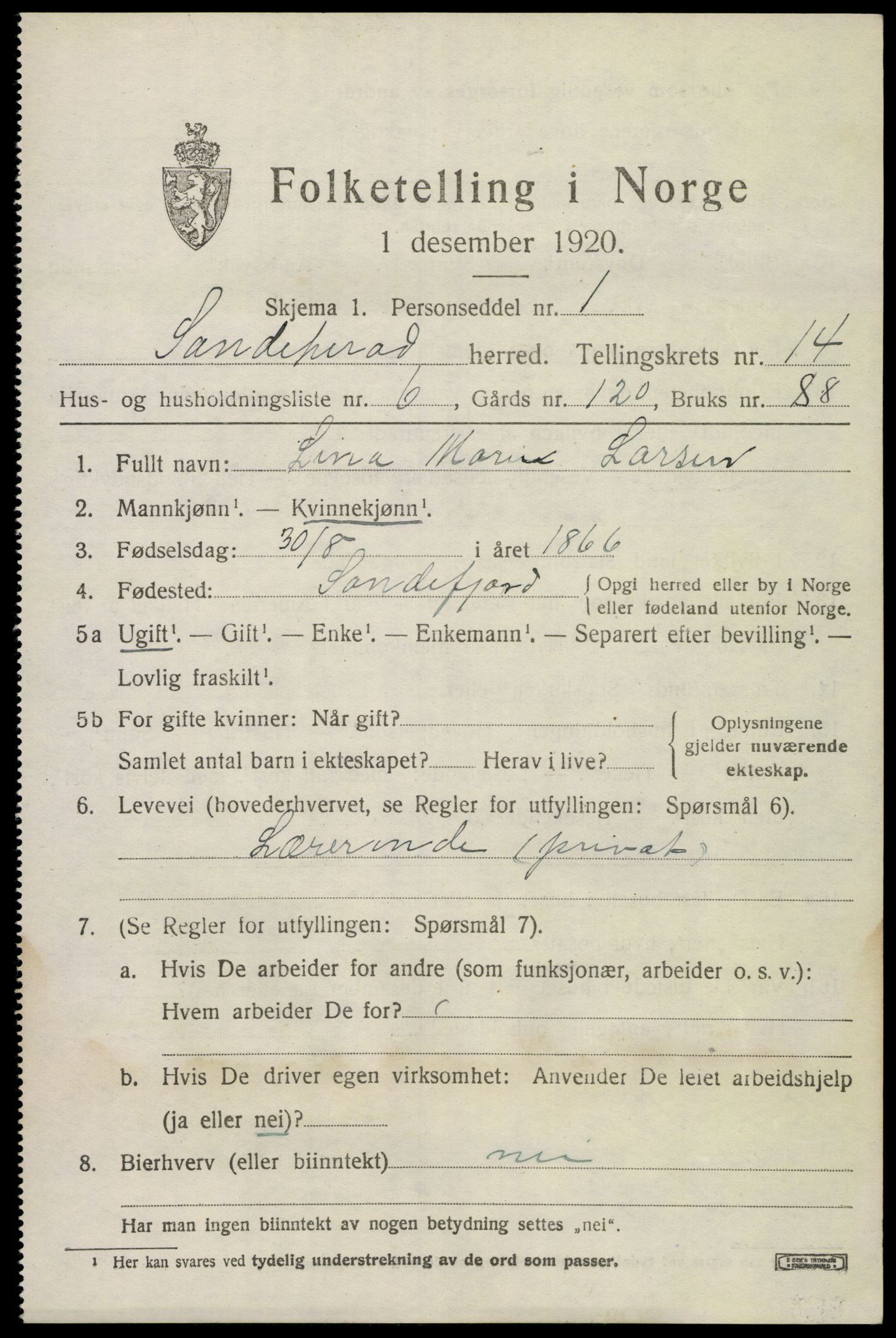 SAKO, 1920 census for Sandeherred, 1920, p. 20244