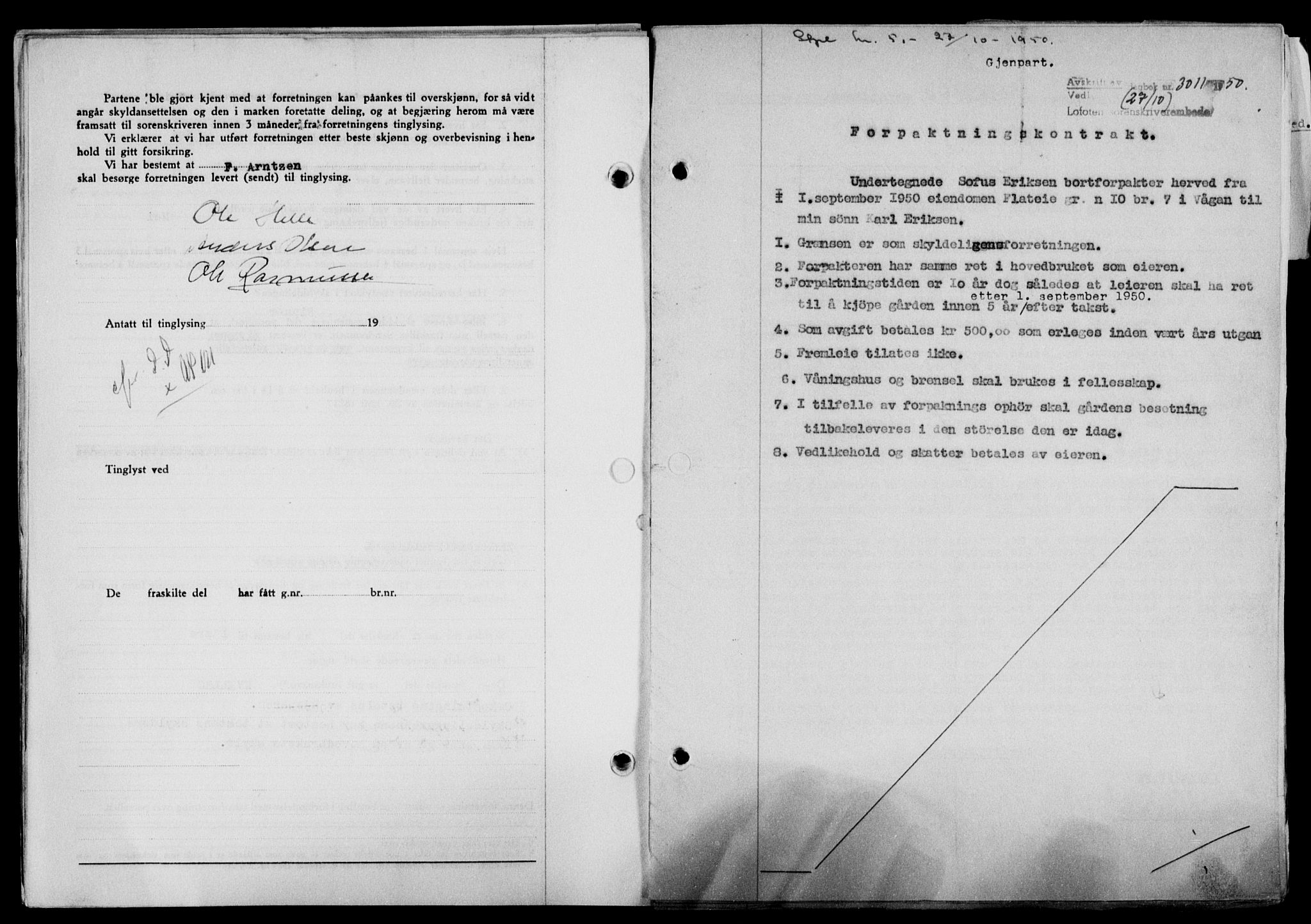 Lofoten sorenskriveri, SAT/A-0017/1/2/2C/L0024a: Mortgage book no. 24a, 1950-1950, Diary no: : 3011/1950