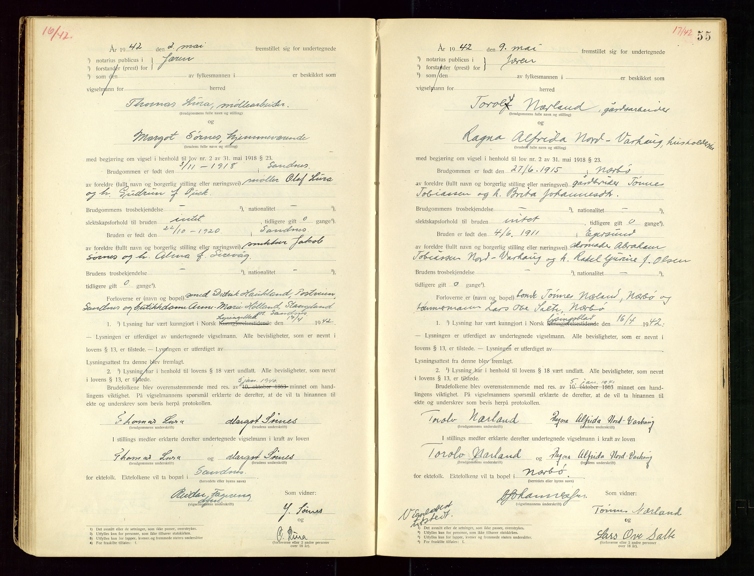 Jæren sorenskriveri, AV/SAST-A-100310/01/6/62/62BA/L0002: VIGSELSPROTOKOLL, 1937-1942, p. 55