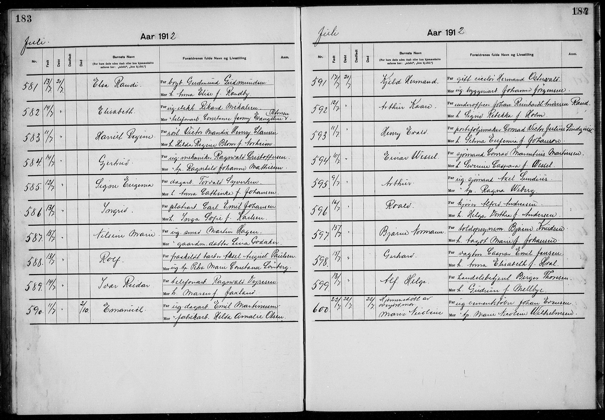 Rikshospitalet prestekontor Kirkebøker, SAO/A-10309b/K/L0007/0001: Baptism register no. 7.1, 1910-1912, p. 183-184
