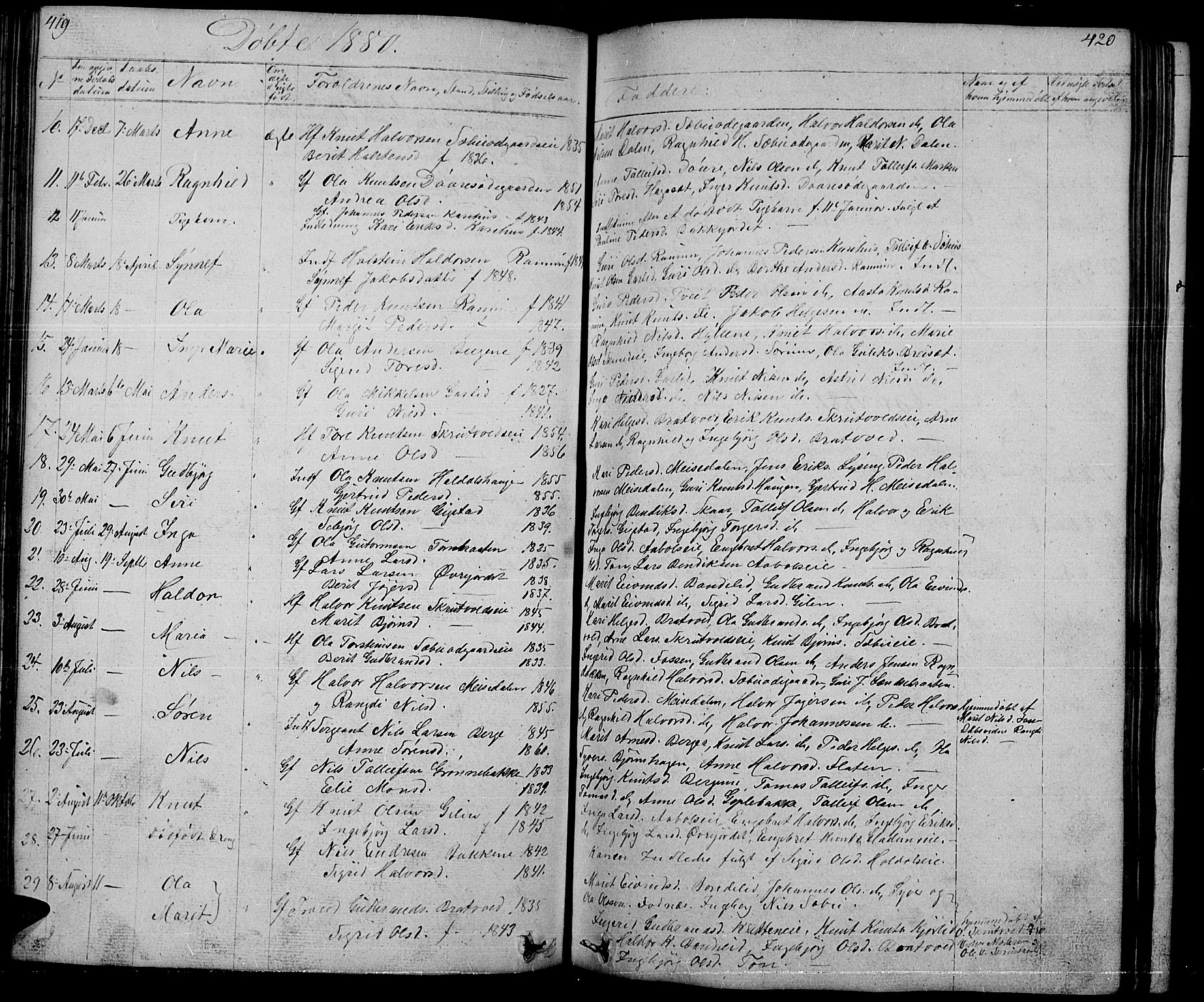 Nord-Aurdal prestekontor, SAH/PREST-132/H/Ha/Hab/L0001: Parish register (copy) no. 1, 1834-1887, p. 419-420