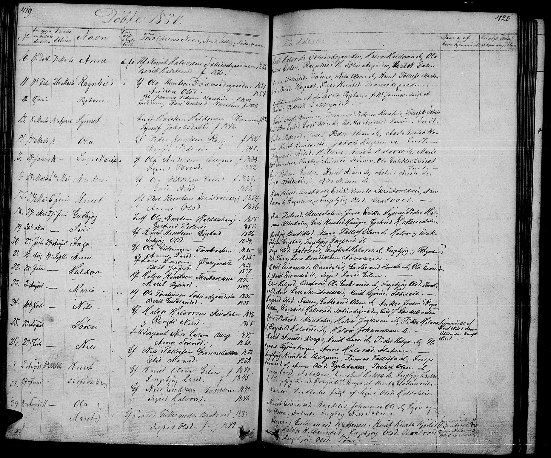 Nord-Aurdal prestekontor, AV/SAH-PREST-132/H/Ha/Hab/L0001: Parish register (copy) no. 1, 1834-1887, p. 419-420