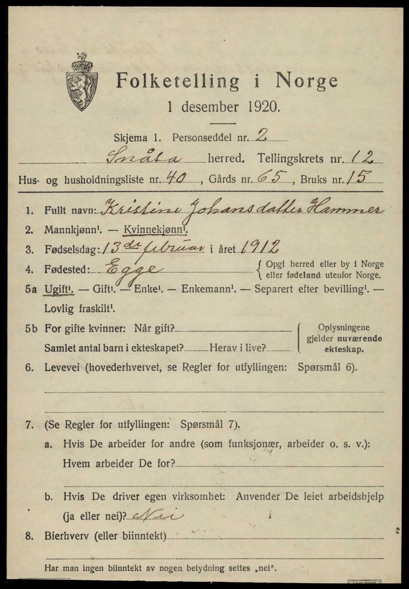 SAT, 1920 census for Snåsa, 1920, p. 5598