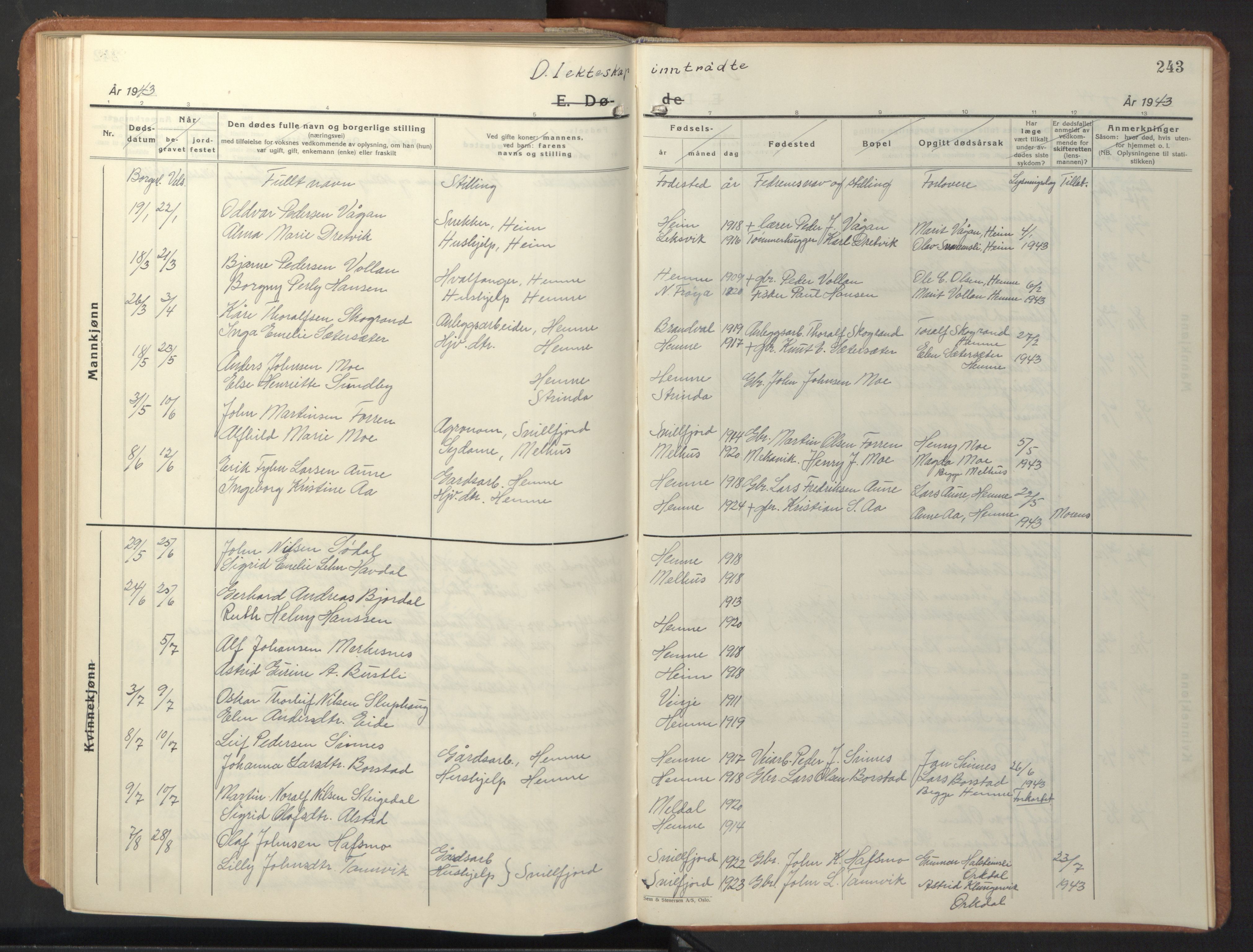 Ministerialprotokoller, klokkerbøker og fødselsregistre - Sør-Trøndelag, SAT/A-1456/630/L0508: Parish register (copy) no. 630C06, 1933-1950, p. 243